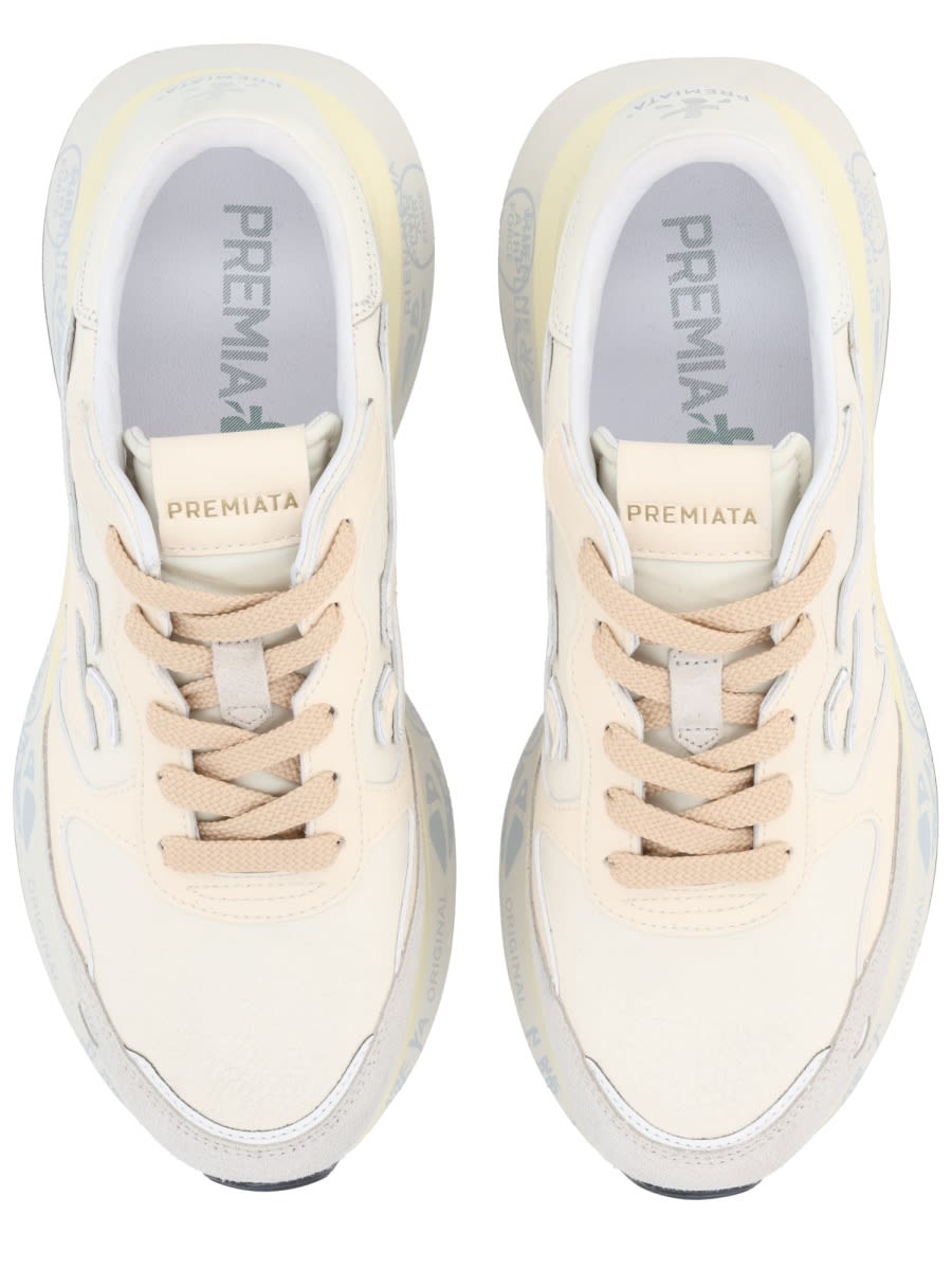 Premiata Light Beige Calf Leather Low-top Sneakers With Metallic Accents In Multi