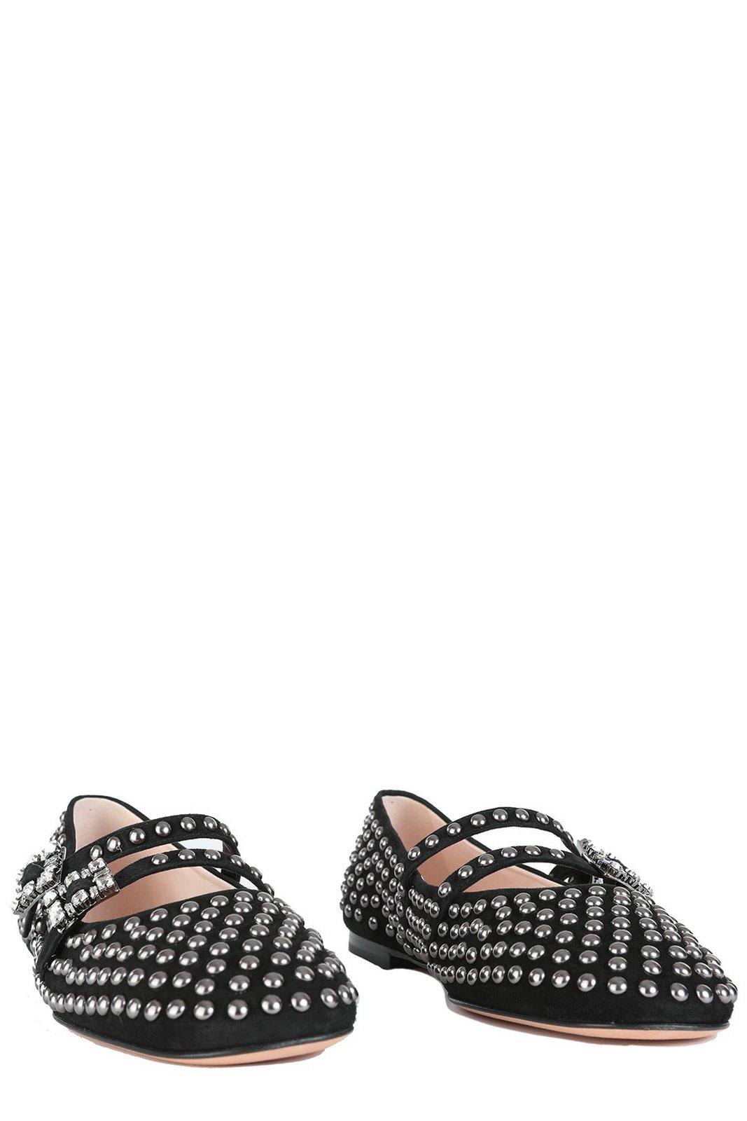 Roger Vivier Stud Embellished Buckle Strap Flat Shoes In Black