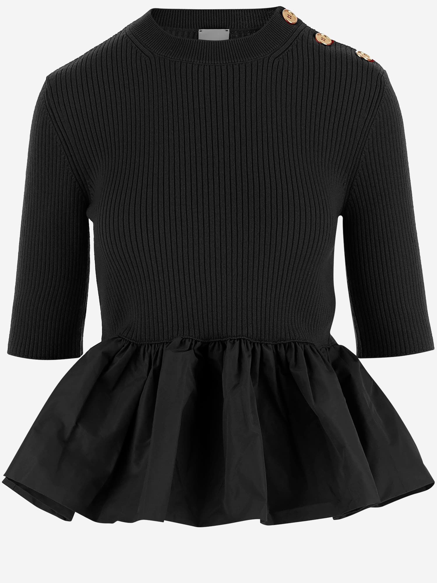 Patou Ribbed Sweater With Ruffled Hem In Wool And Faille In Black