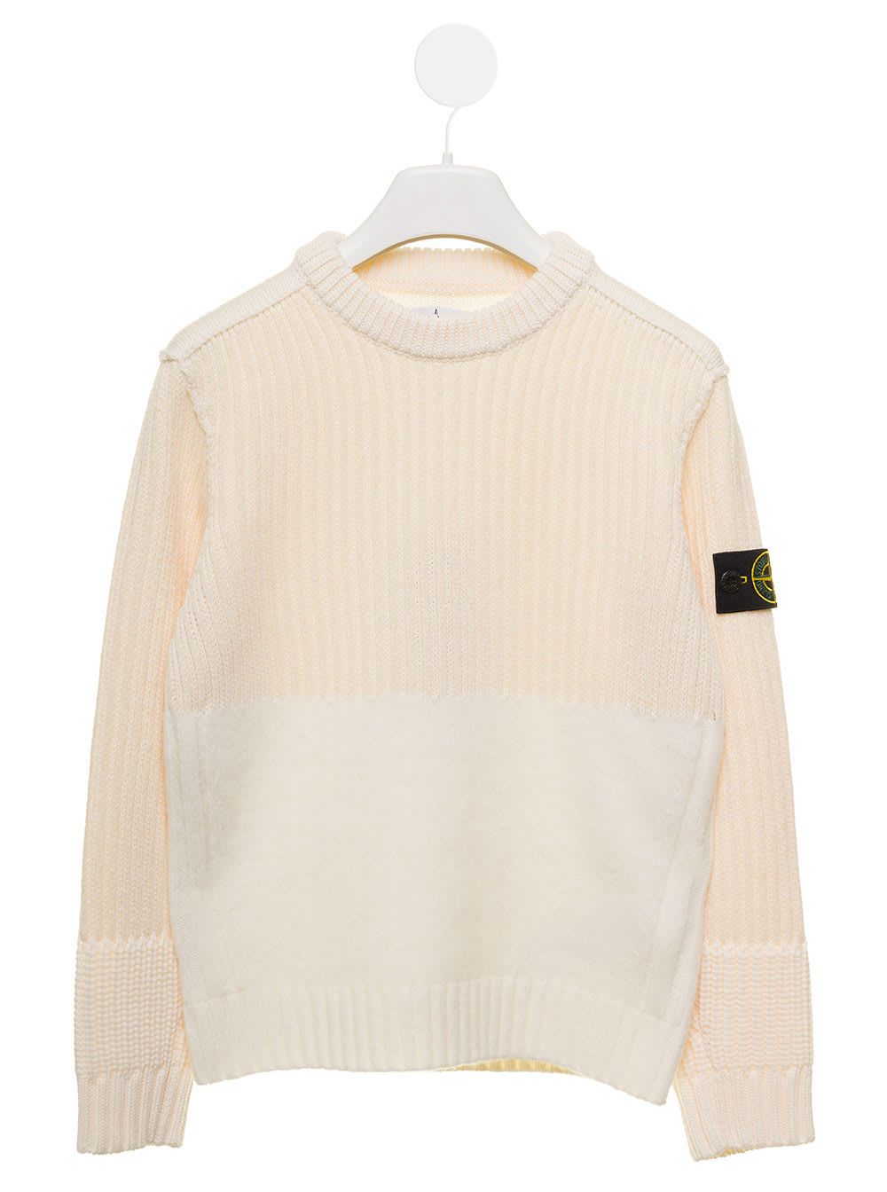 Stone Island Junior Sweater With Application In Mixed Wool Ivory Kids Stone Island Kids