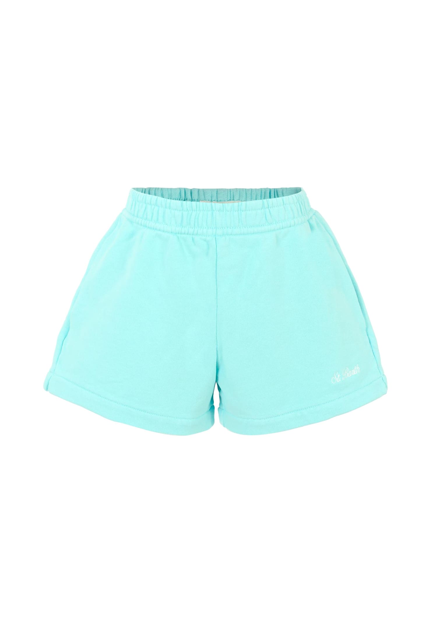 Mc2 Saint Barth Light Blue Shorts For Girl With White Logo In Blue