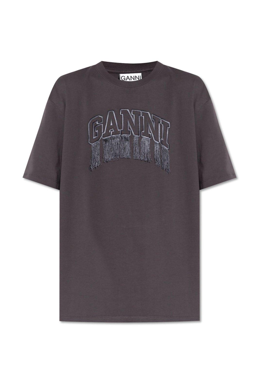 Shop Ganni Logo Embroidered Crewneck T-shirt In Black