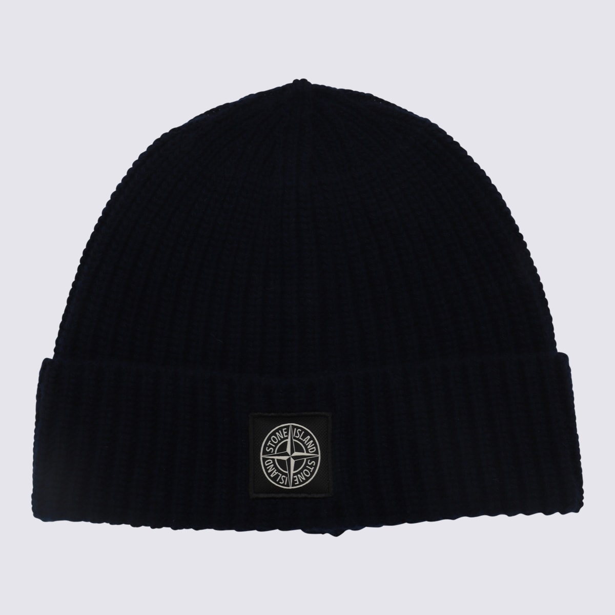 Stone Island Beanie With Compass Patch And Ribbed Cuff In Blue