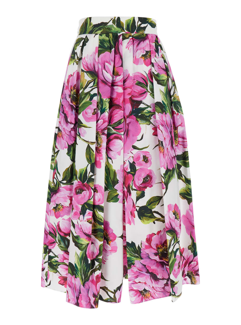 Dolce & Gabbana Pink Circle Midi Skirt With All-over Peony Motif In Cotton Woman In Multi