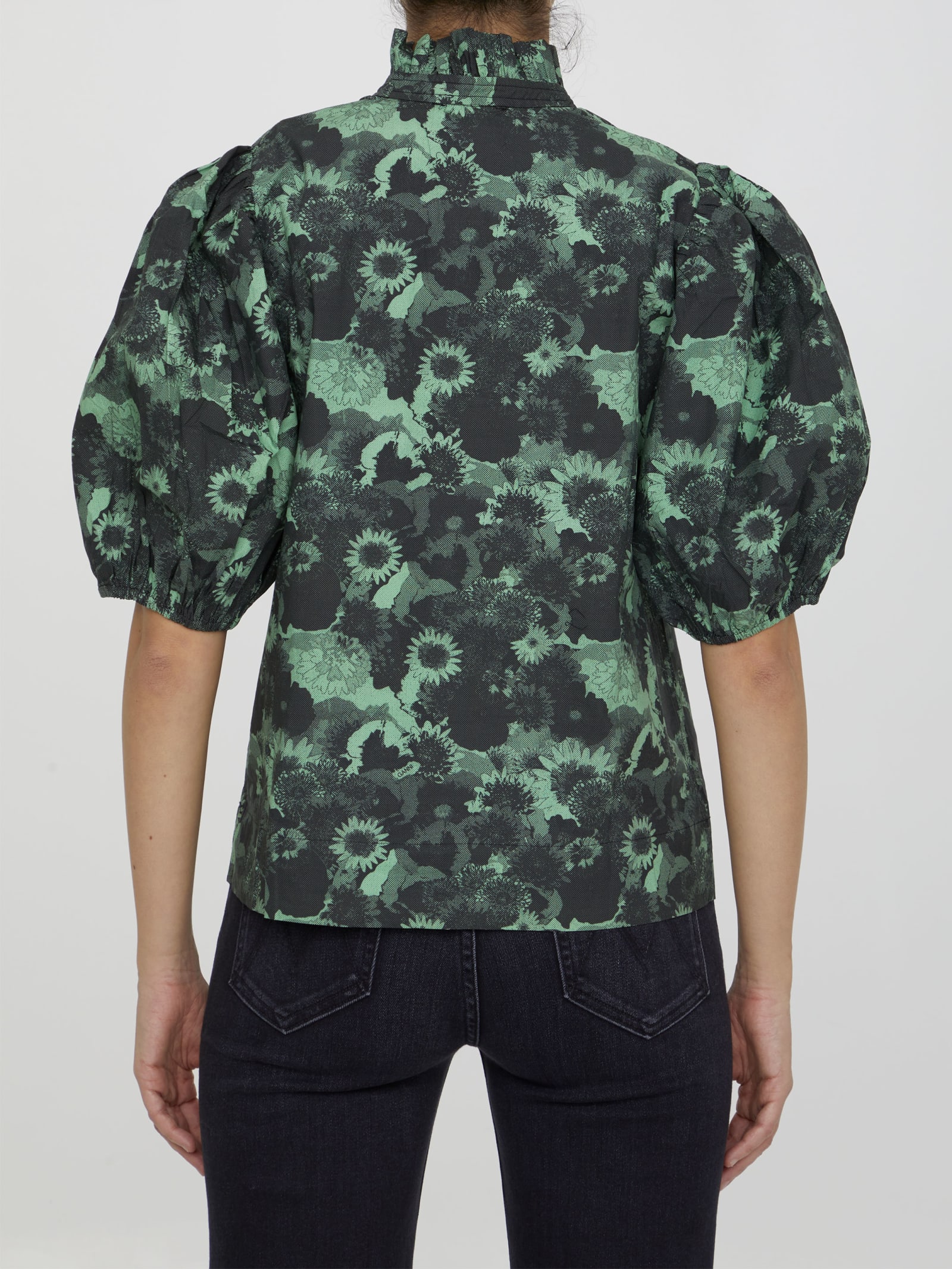 Ganni Floral Cotton Blouse In Green
