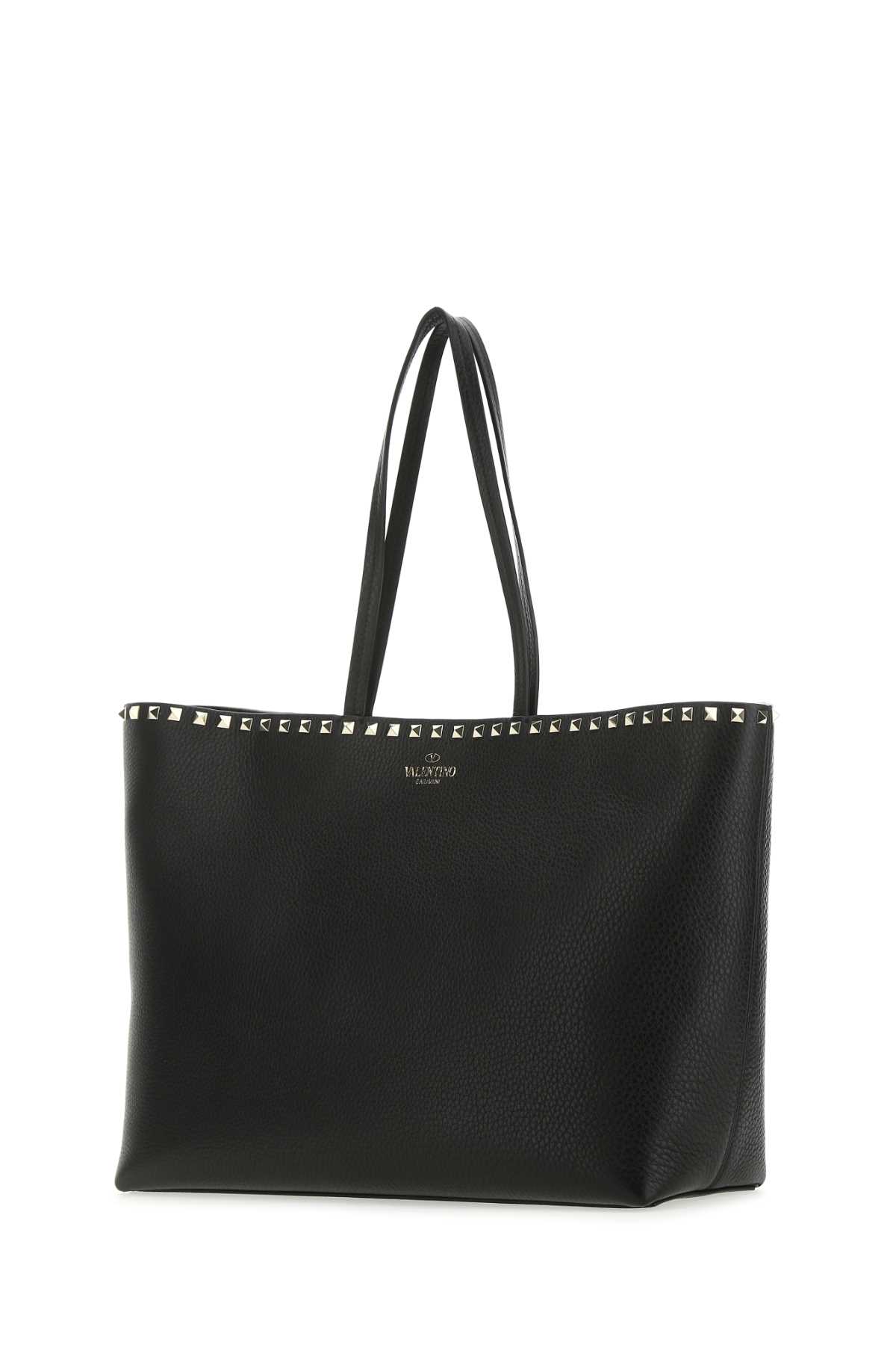 Valentino Garavani Black Leather Small Rockstud Shopping Bag In Nero