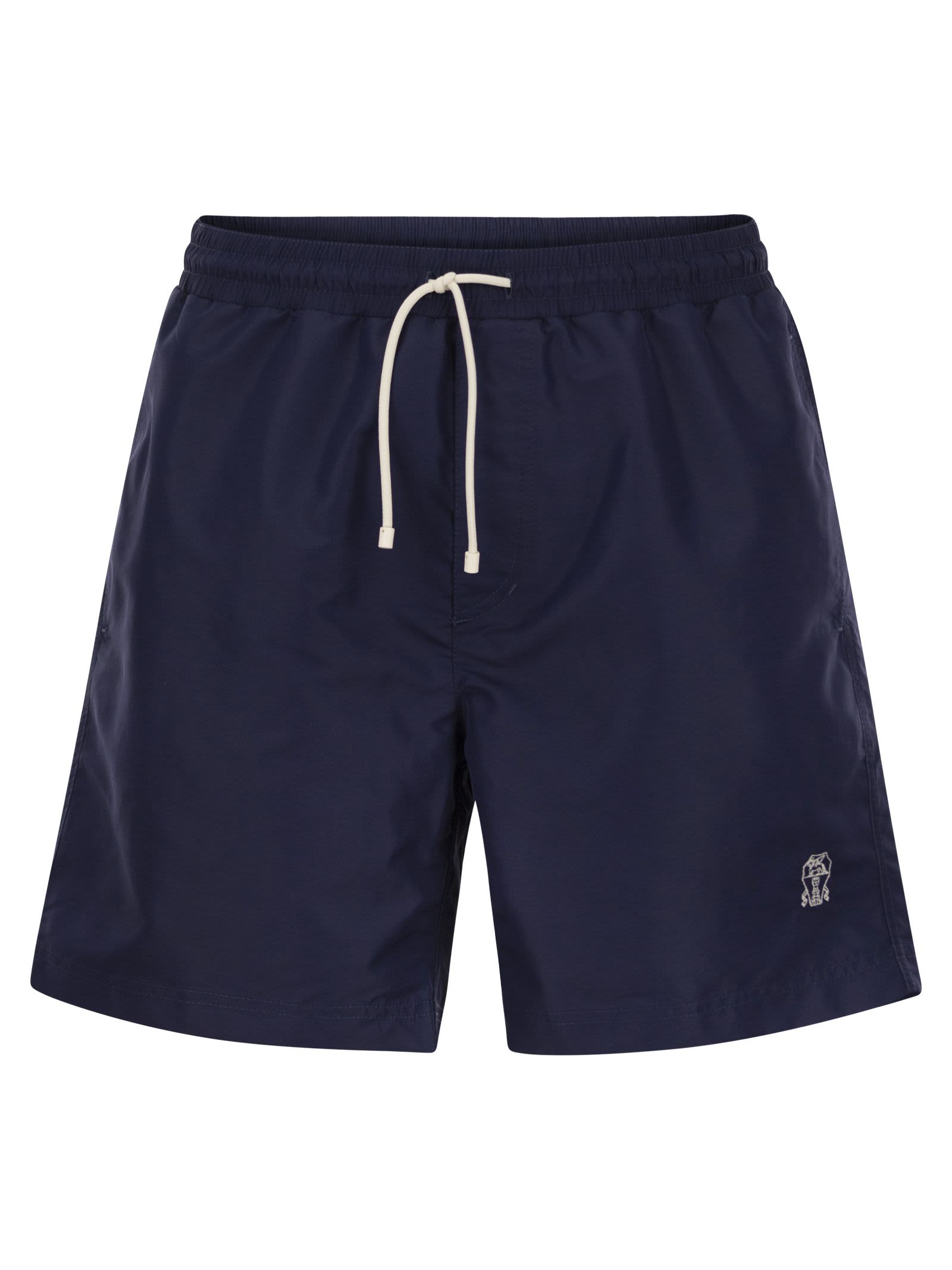 Shop Brunello Cucinelli Swimming Costume With Elastic And Drawstring In Navy Blue