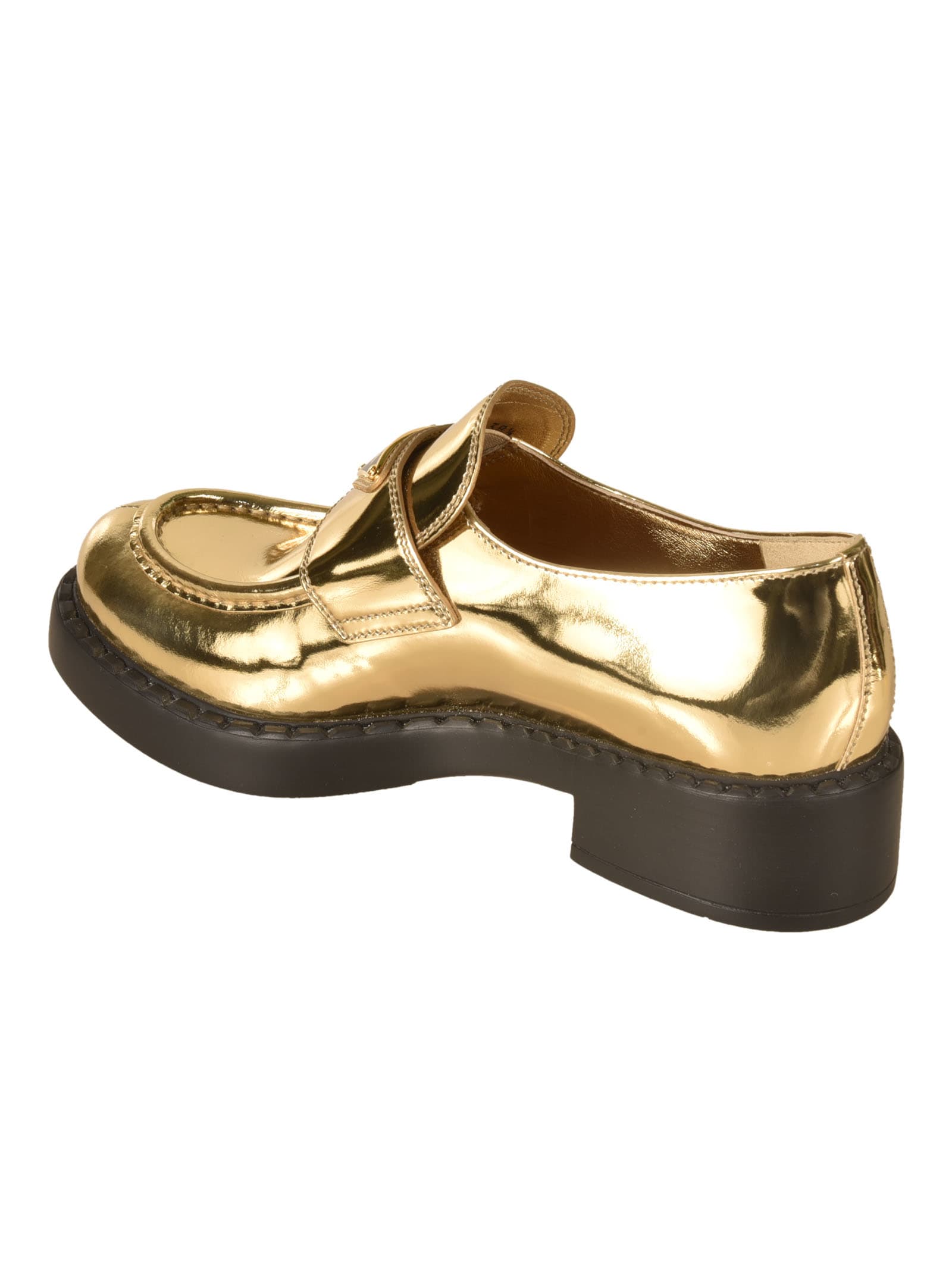 Shop Prada Embossed Logo Plaque Shiny Loafers In Platinum