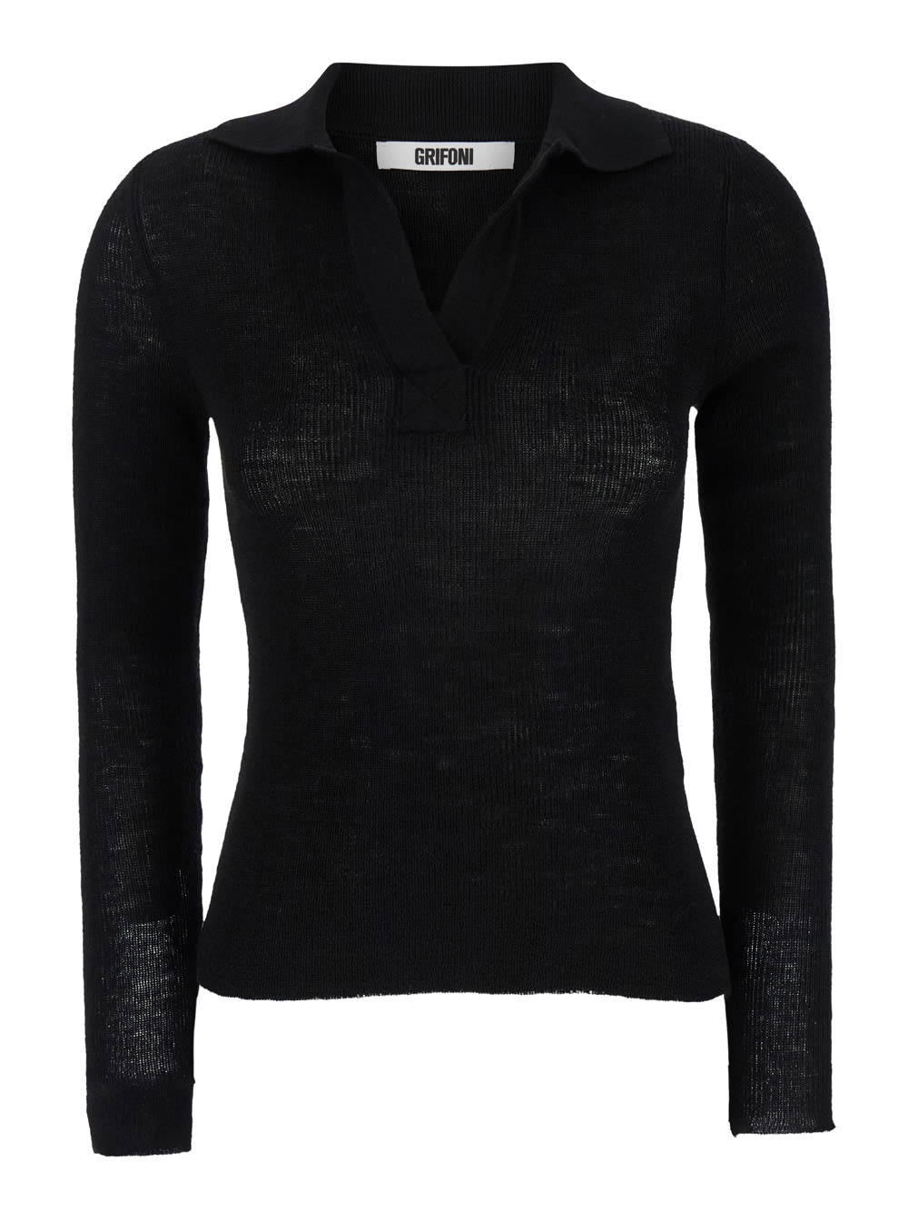 Black Long-sleeve Polo Shirt In Wool Woman