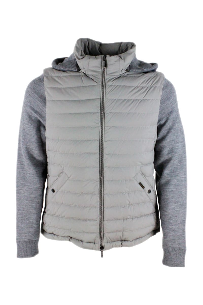 Moorer Light Bomber Jacket In Real Goose Down And Knitted Parts In Cashmere Blend With Zip. Matte Color