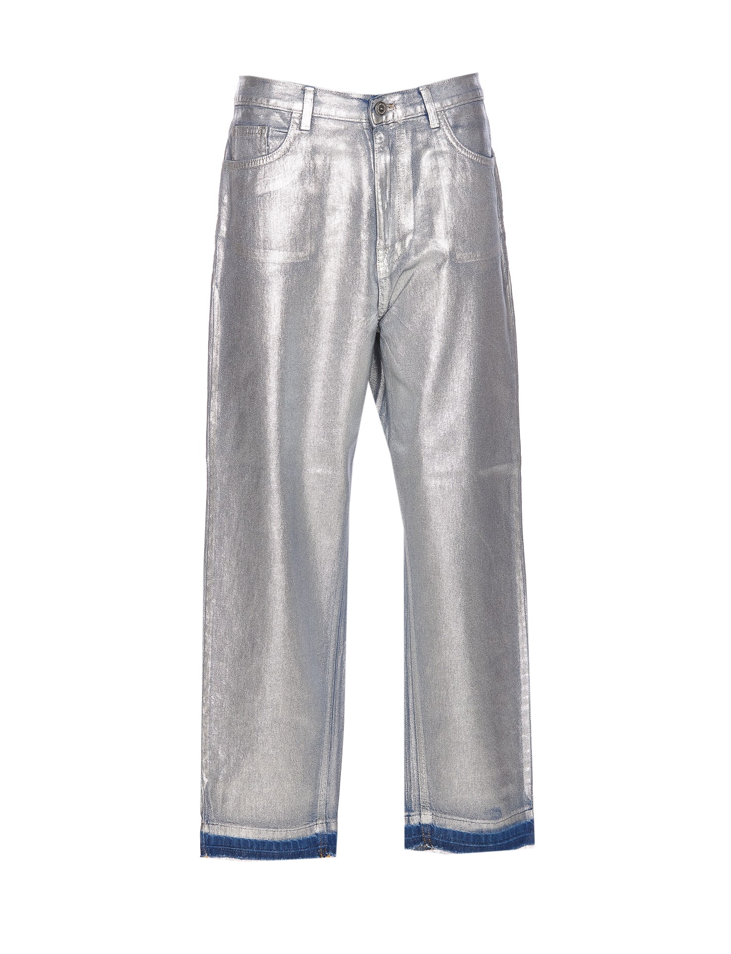 Shop Elisabetta Franchi Metallized Boyfriend Jeans In Silver