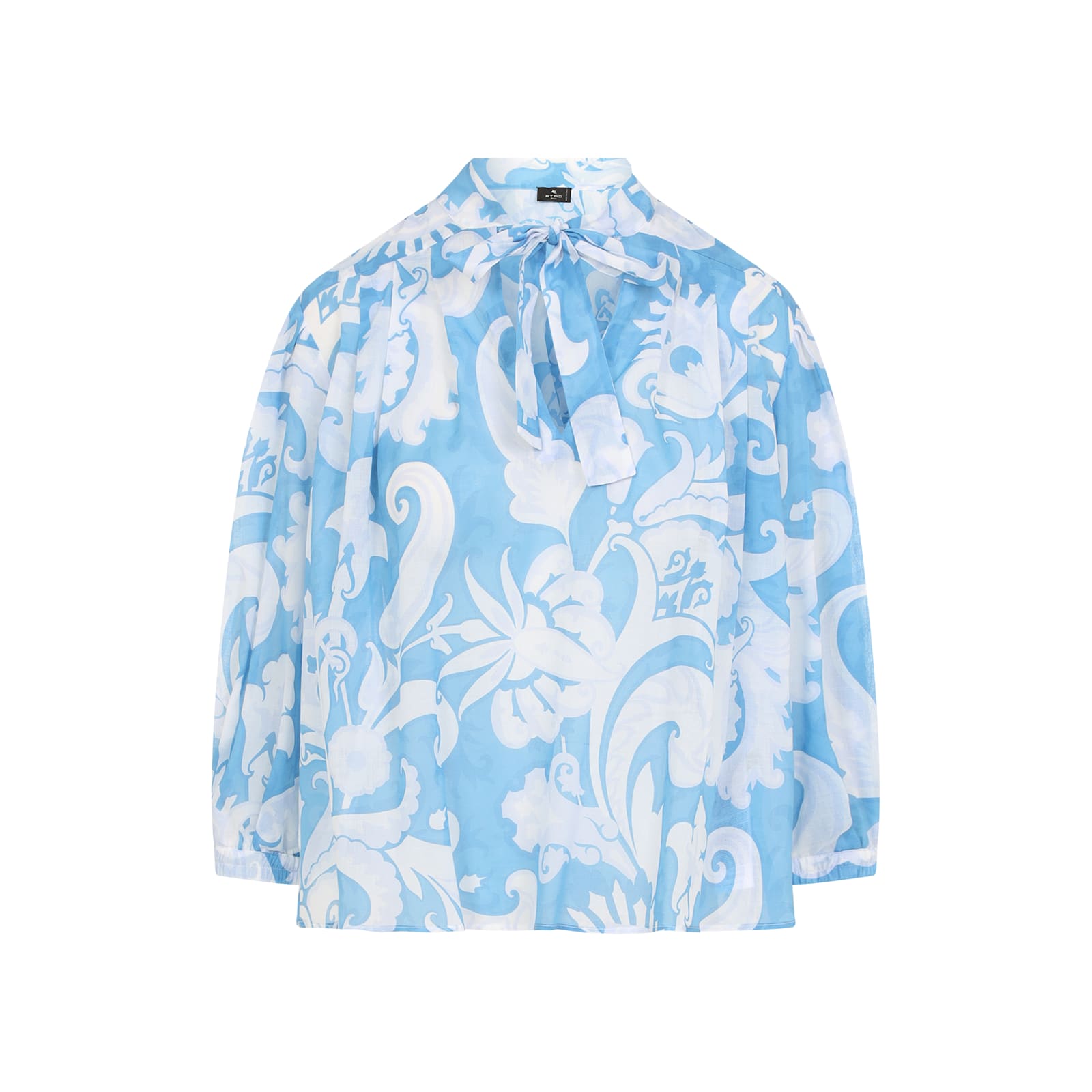 Etro Loose-fit Cotton Shirt With V-neck And Floral Pattern In Blue