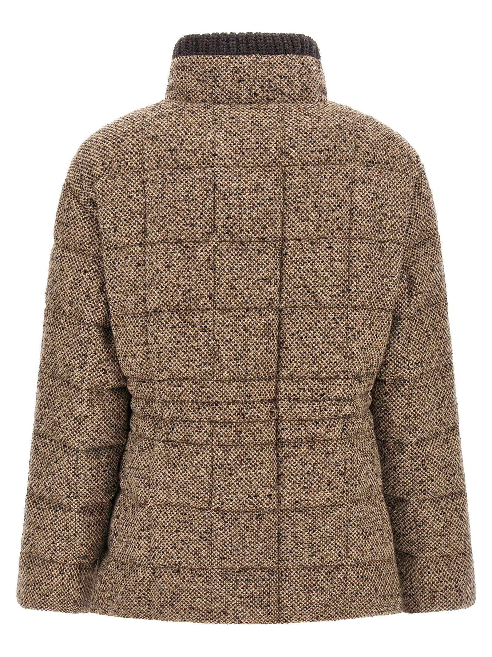 Moncler Antigony Wool Blend Short Down Jacket In Brown