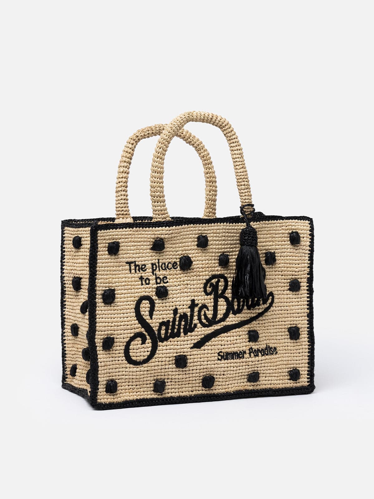 Shop Mc2 Saint Barth Natural Beige Colette Raffia Handbag With Polka Dot Appliqués In Black