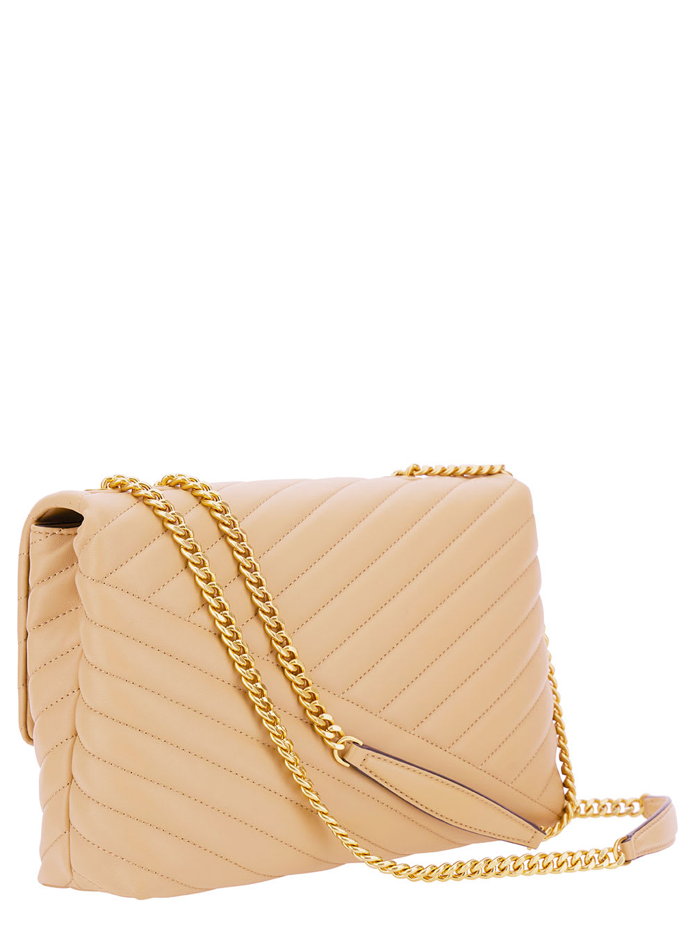 Shop Tory Burch Convertible Kira Beige Shoulder Bag With Logo In Chevron-quilted Leather Woman