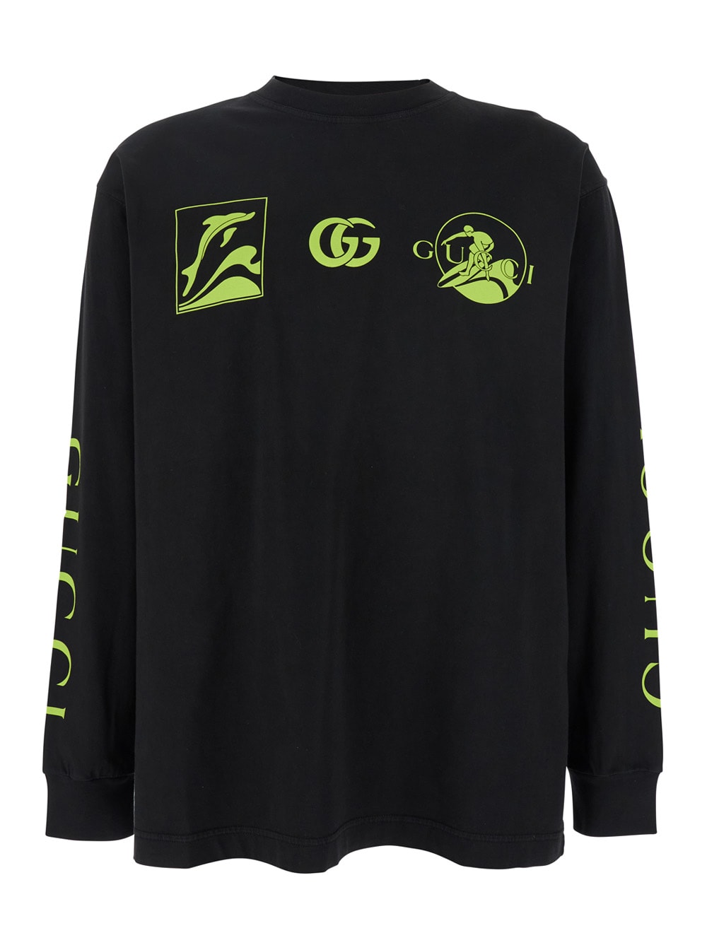 Gucci Black Crewneck T-shirt With All-over Prints And Maxi Logo Lettering On The Sleeves In Cotton M In Black