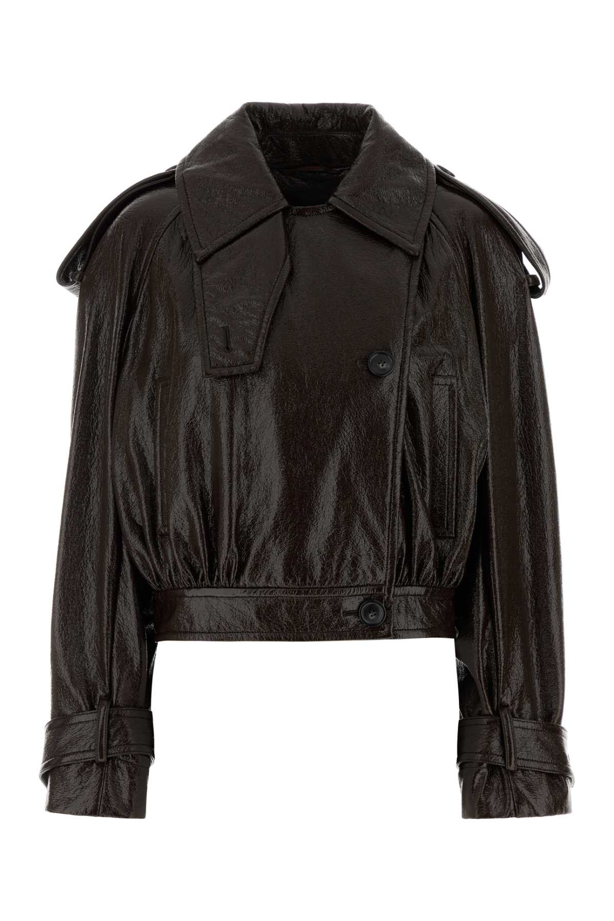 Sportmax Short Trench Coat With Patent Effect And Bomber Inspired Details In Brown