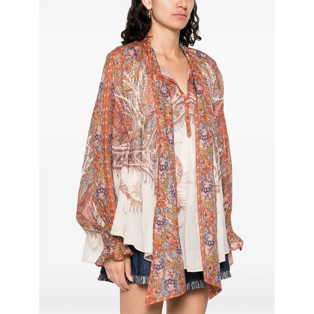 Zimmermann Rhiannon Tie Neck Blouse Cream Paisley In Brown