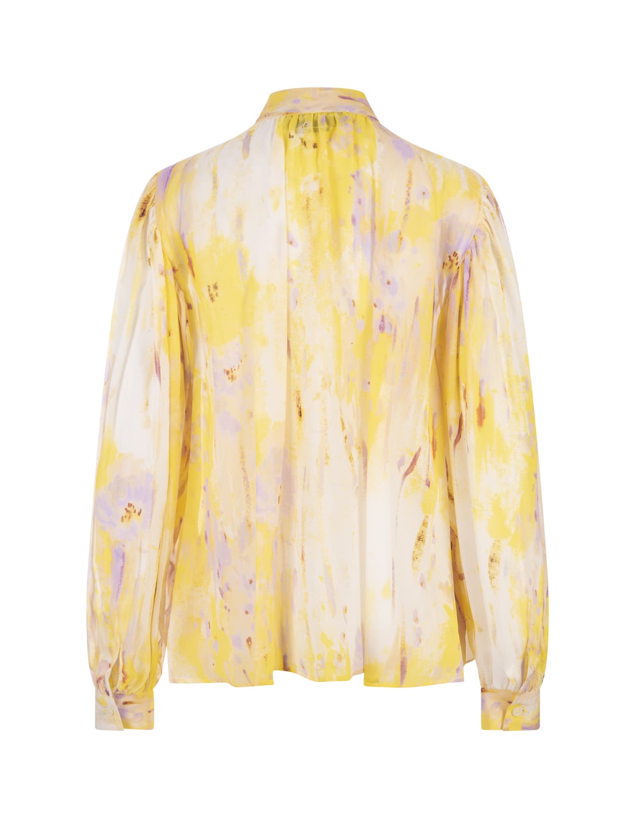 Shop Msgm Bow Shirt In Georgette With Artsy Flower Print In Yellow