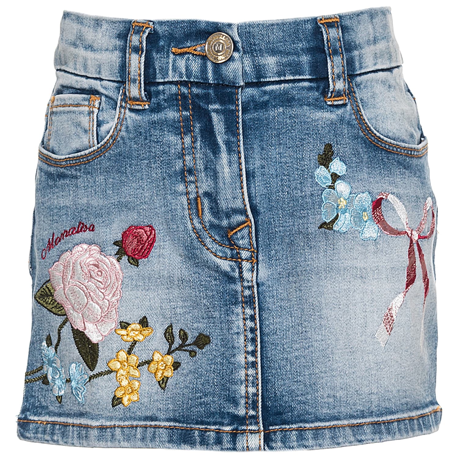 Monnalisa Kids' Flowers Embroidered Denim Skirt In Stone Bleach | ModeSens