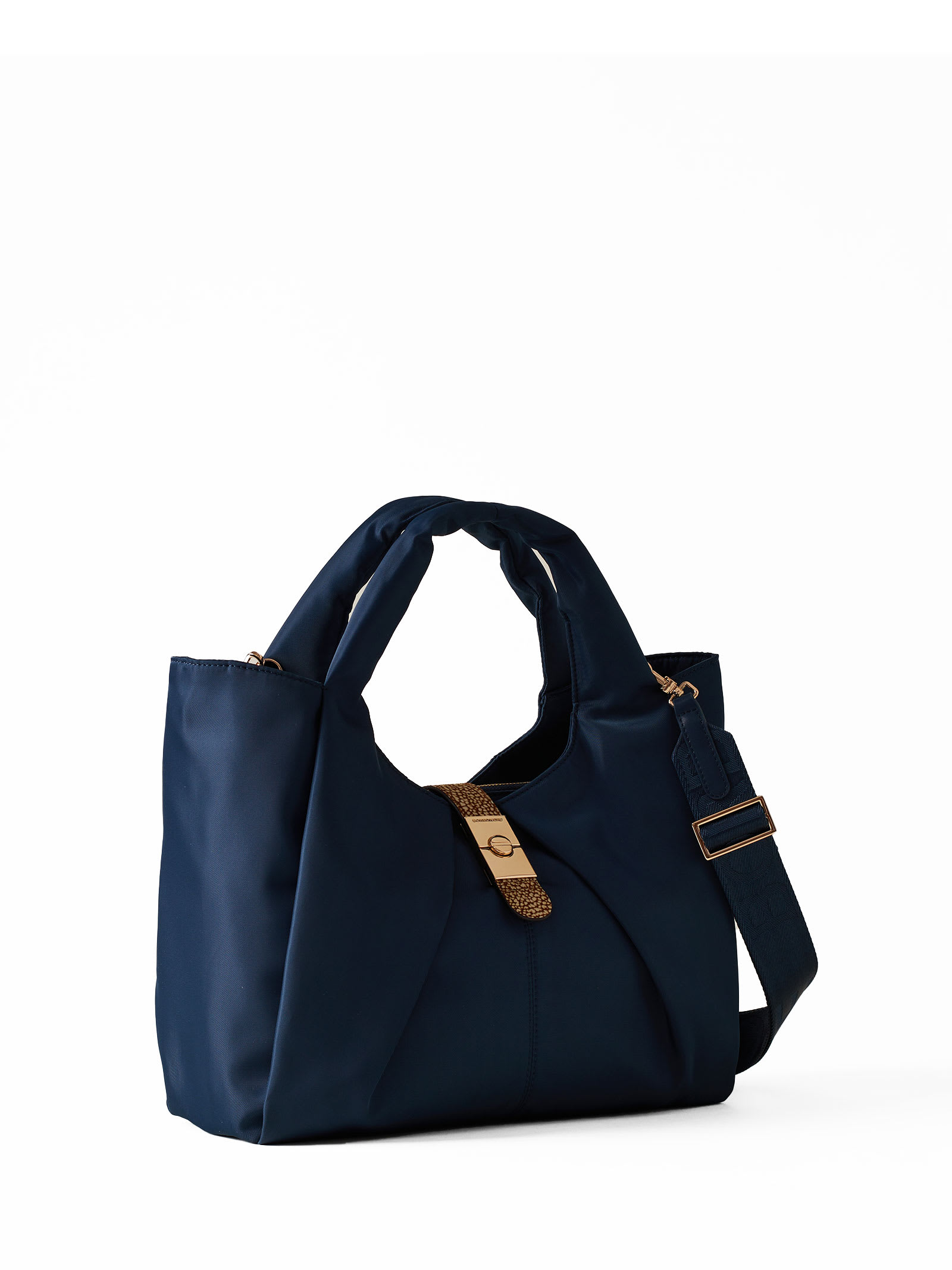 Shop Borbonese Fabric And Leather Handbag With Shoulder Strap In Blu Prussia/op Naurale