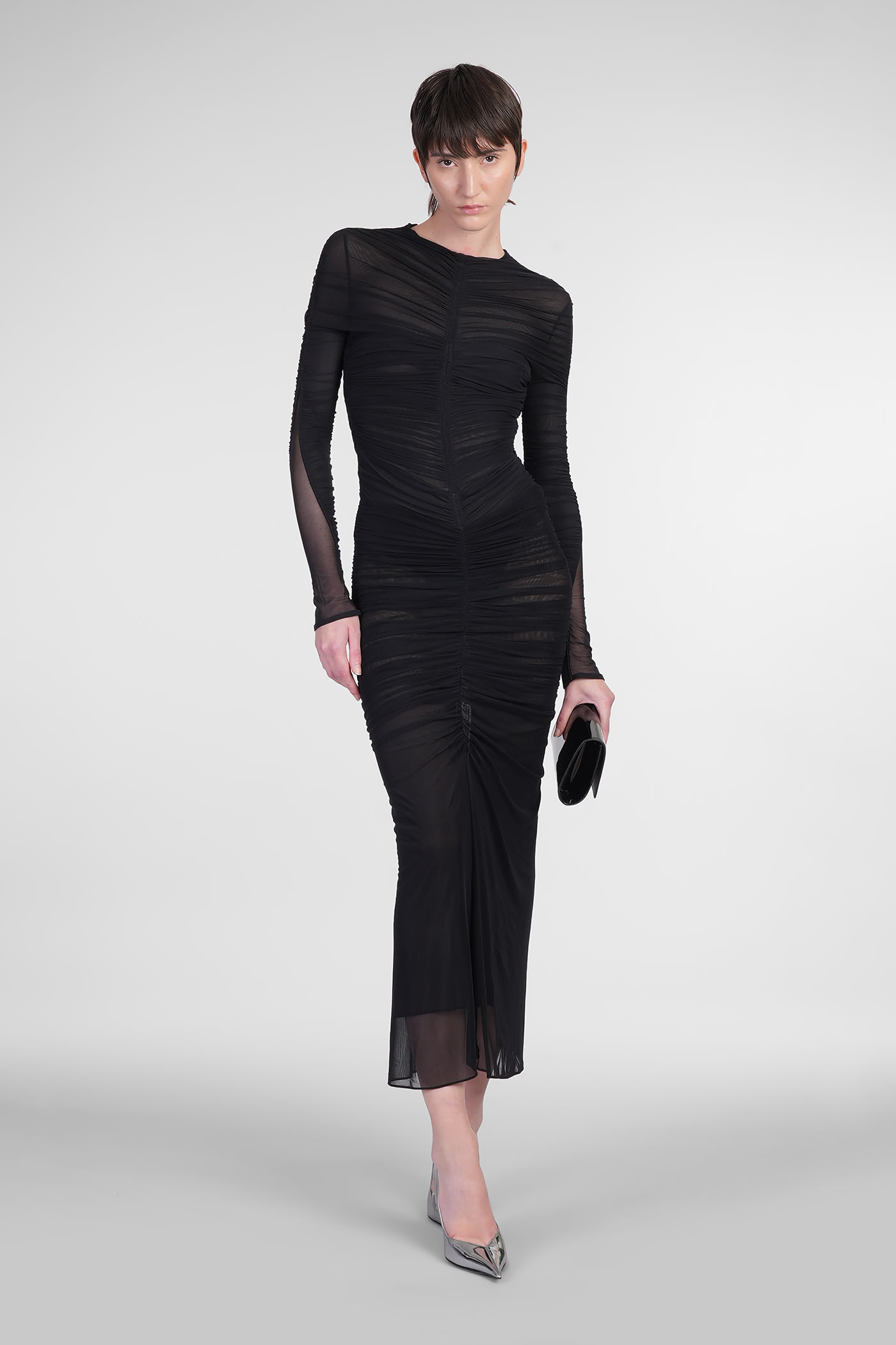 Mugler Black Ruched Mesh Midi Skirt In Black