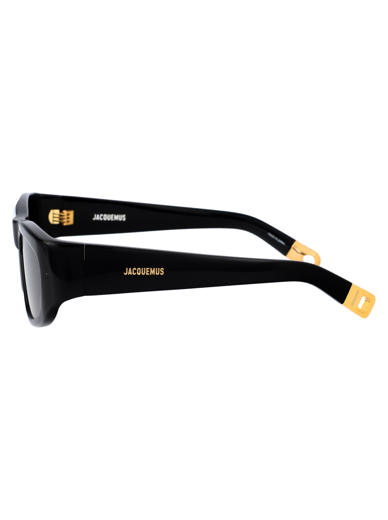 Shop Jacquemus Pilota Sunglasses In 01 Black/ Yellow Gold/ Grey