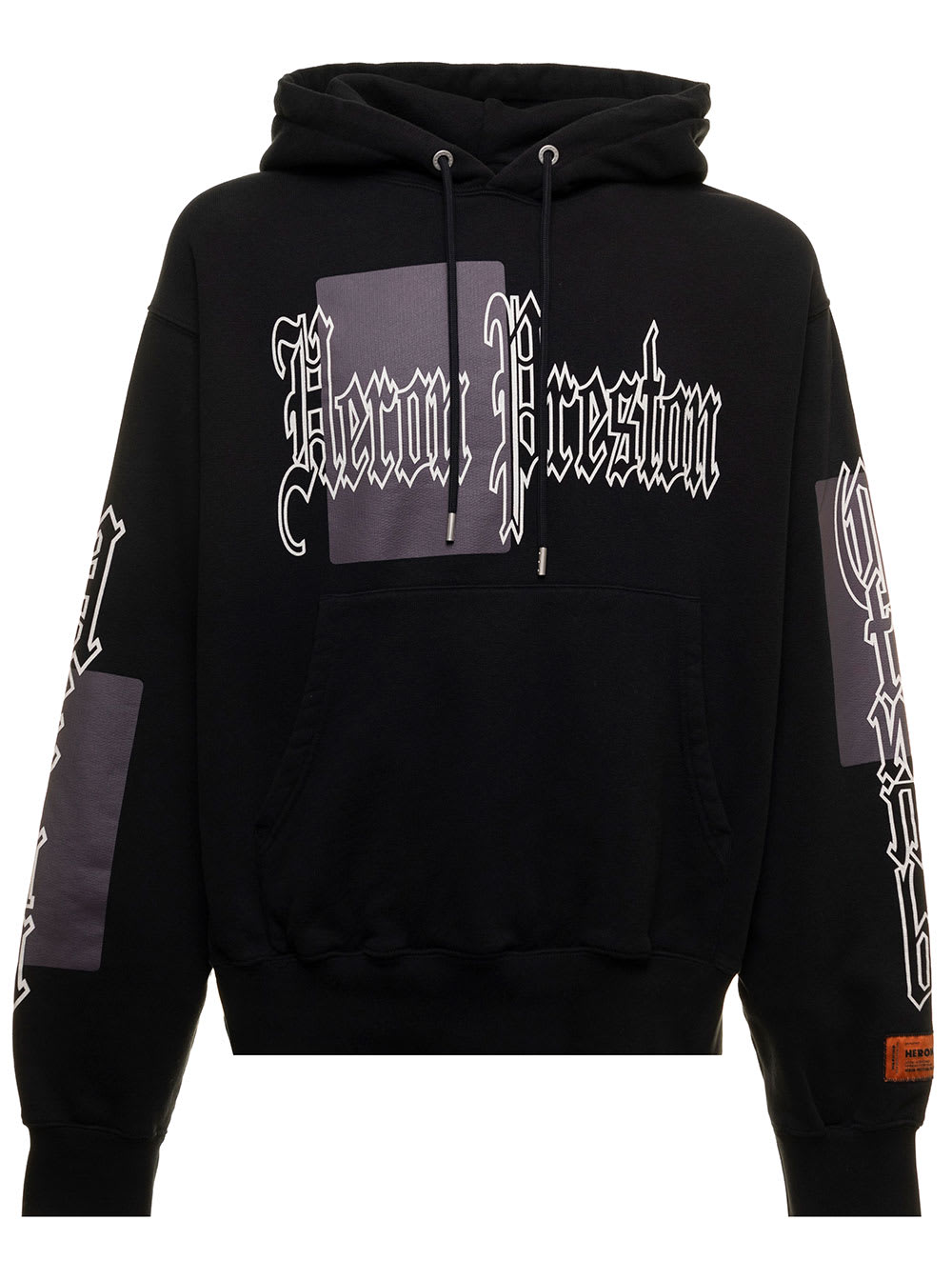 Black Color Blocks Hoodie In Jersey With Allover Gothic Logo Print And Patch Heron Preston Man