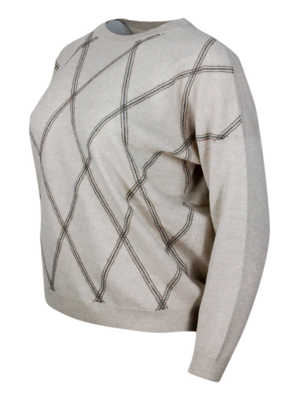 Shop Brunello Cucinelli Long-sleeved Crewneck Sweater In Fine Wool, Cashmere And Silk With Diamond Pattern Exclusive Details In Beige