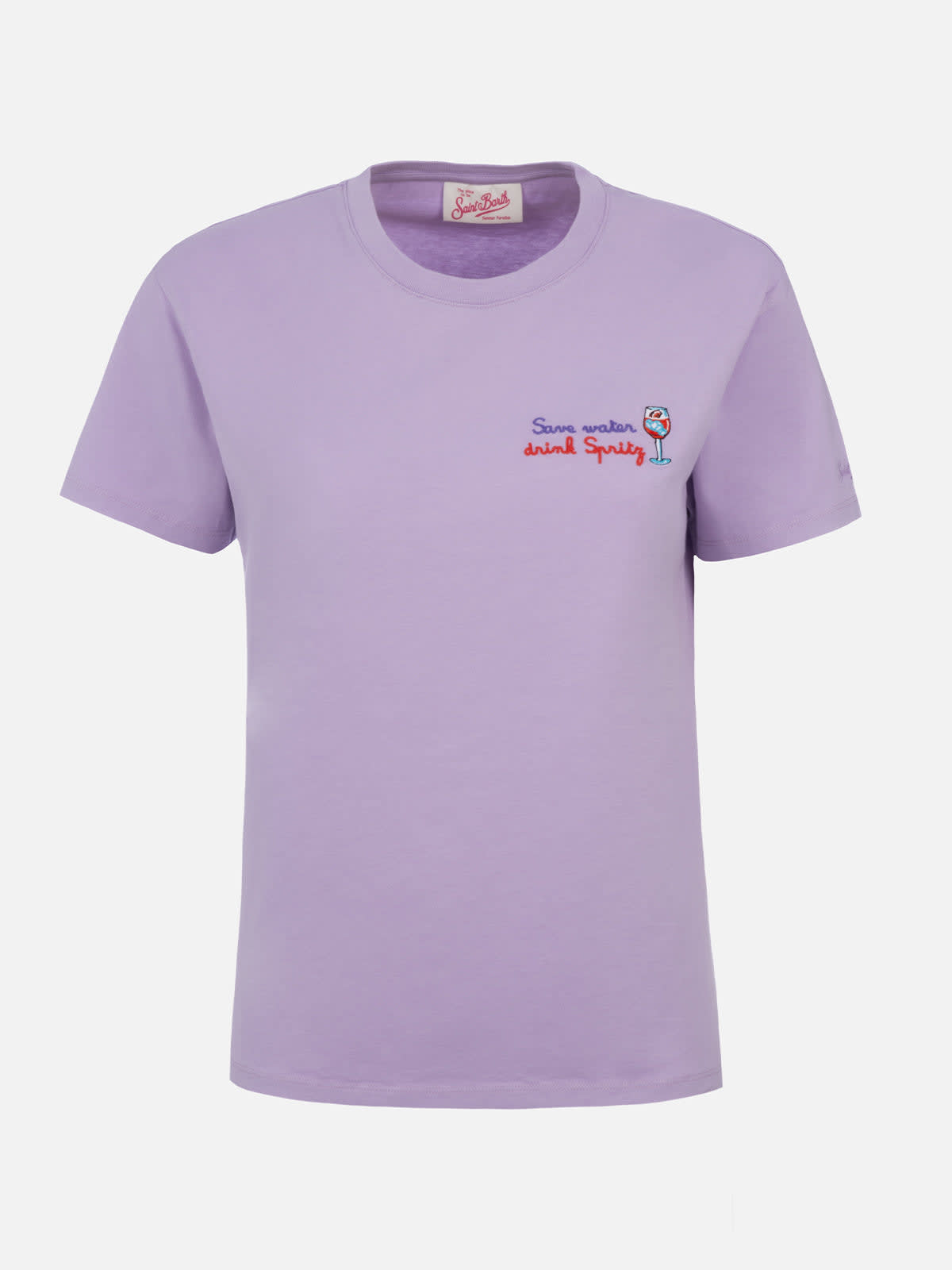 Mc2 Saint Barth Woman Cotton Jersey Crewneck T-shirt Emilie With Save Water Drink Spritz Embroidery In Pink