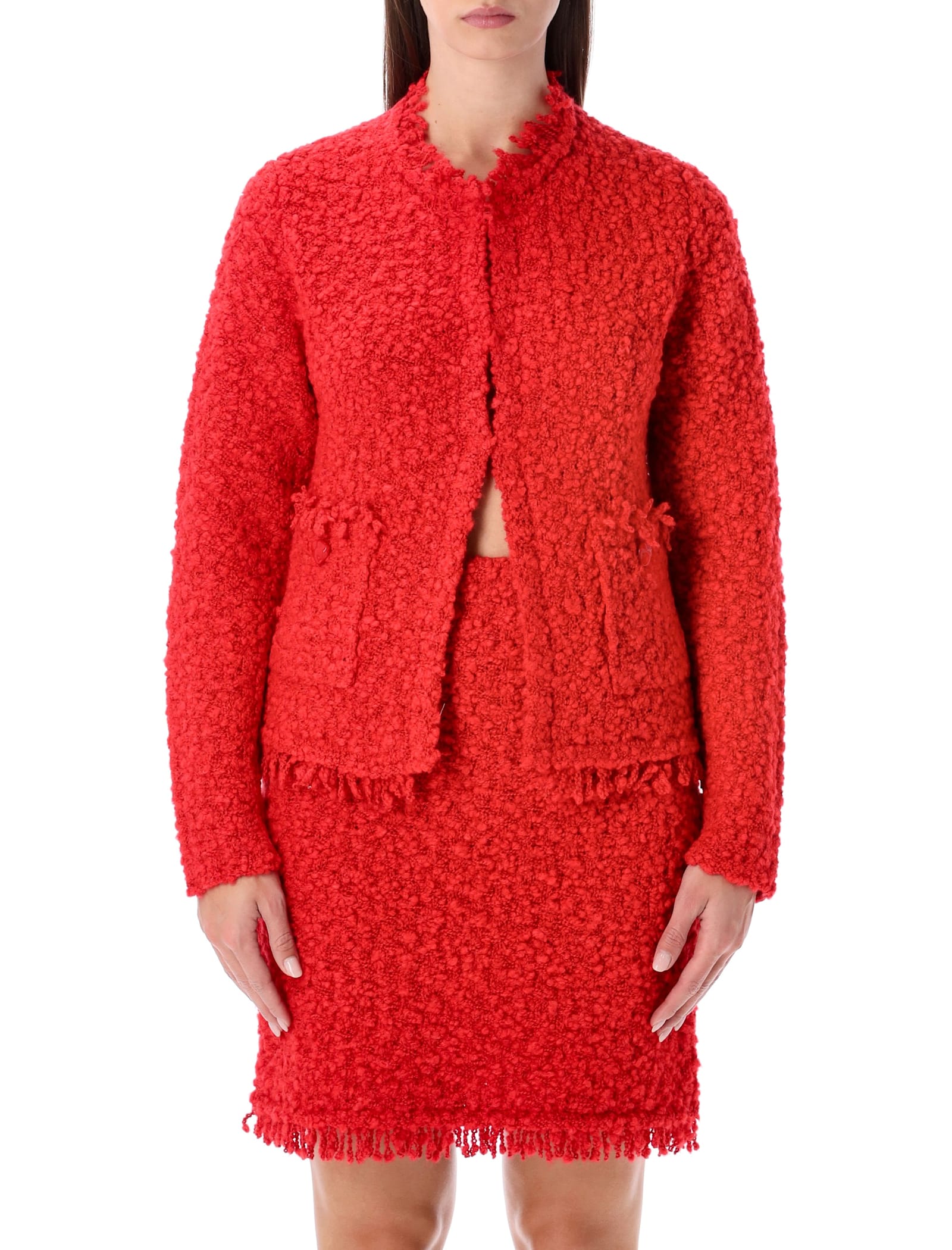 Fabiana Filippi Textured Knit Jacket Frayed Edges In Red