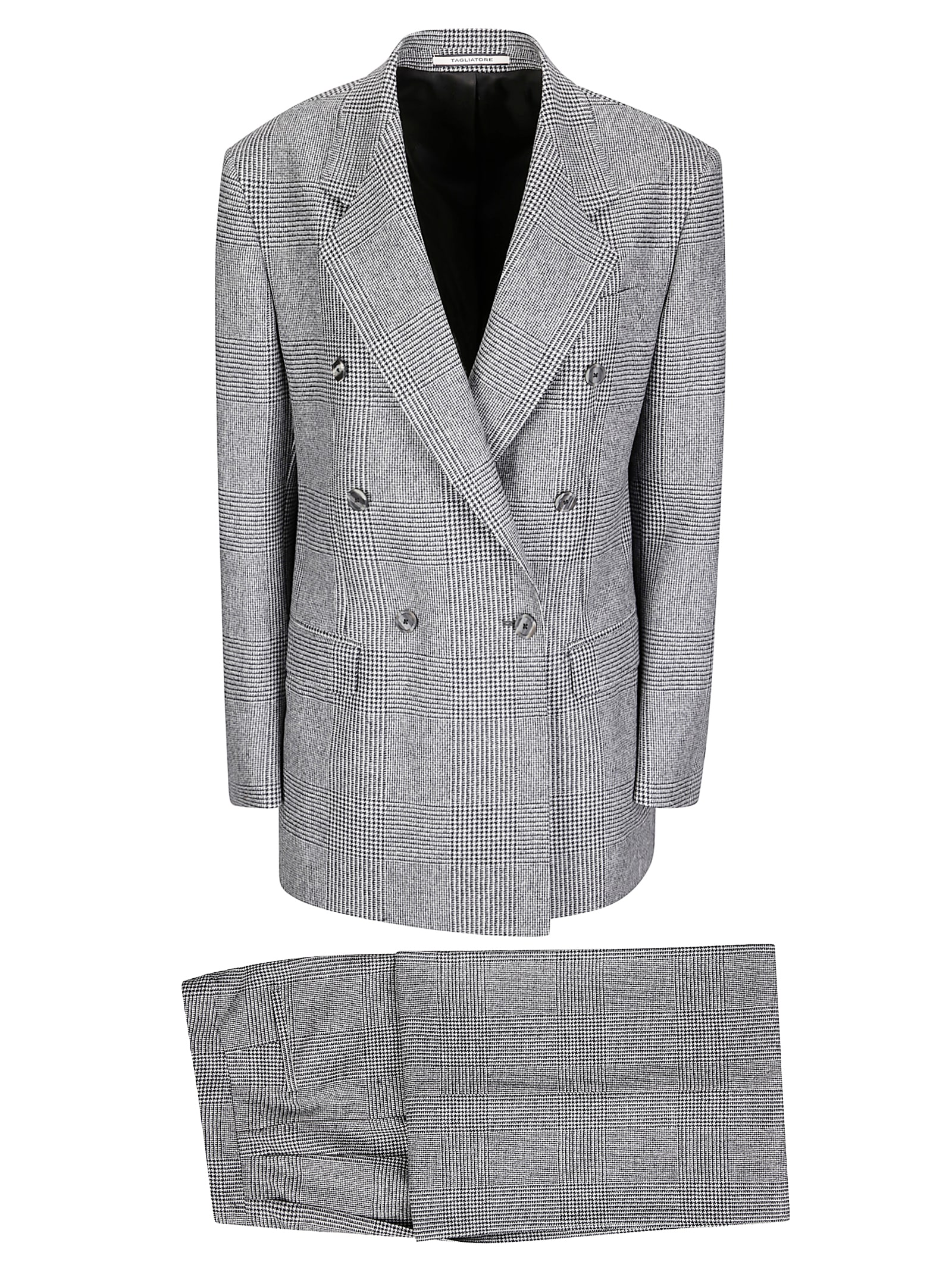 Tagliatore Houndstooth Tailored Double-breasted Blazer And Wide-leg Trousers In Gray