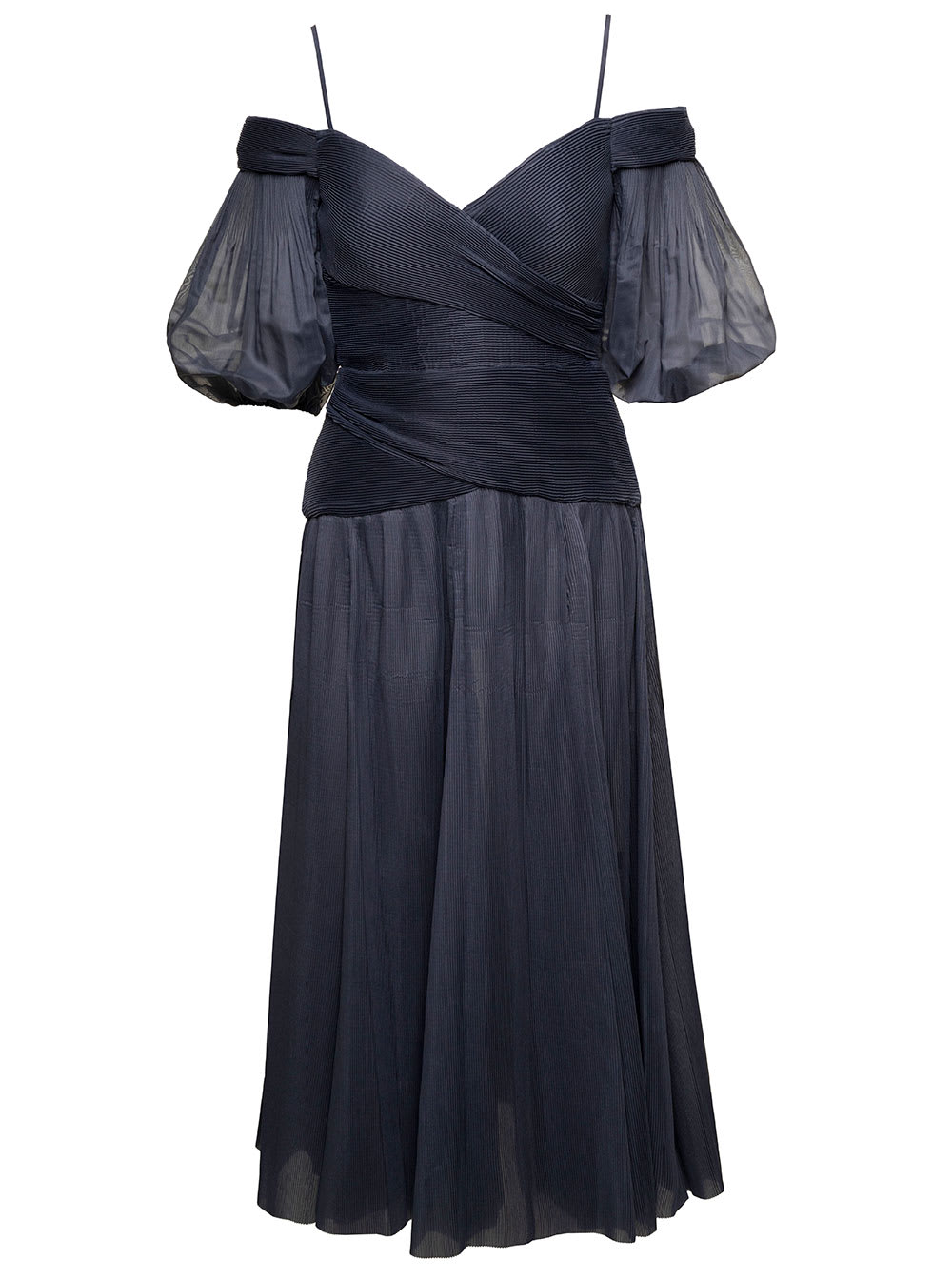 Black Off-shoulder Pleated Midi Dress In Black Chiffon Woman