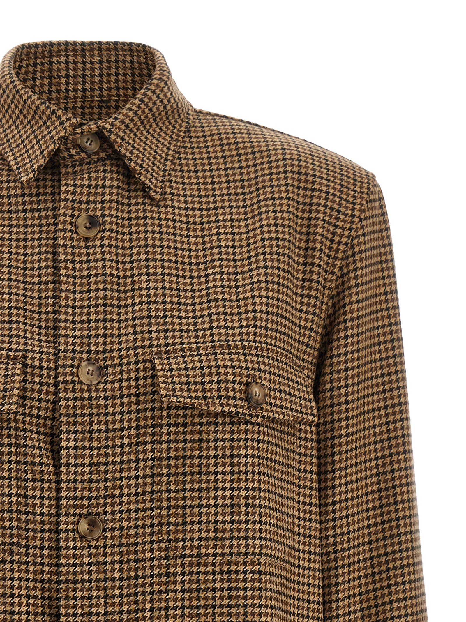 Saint Laurent Long Sleeve Checkered Overshirt Chest Pockets In Brown