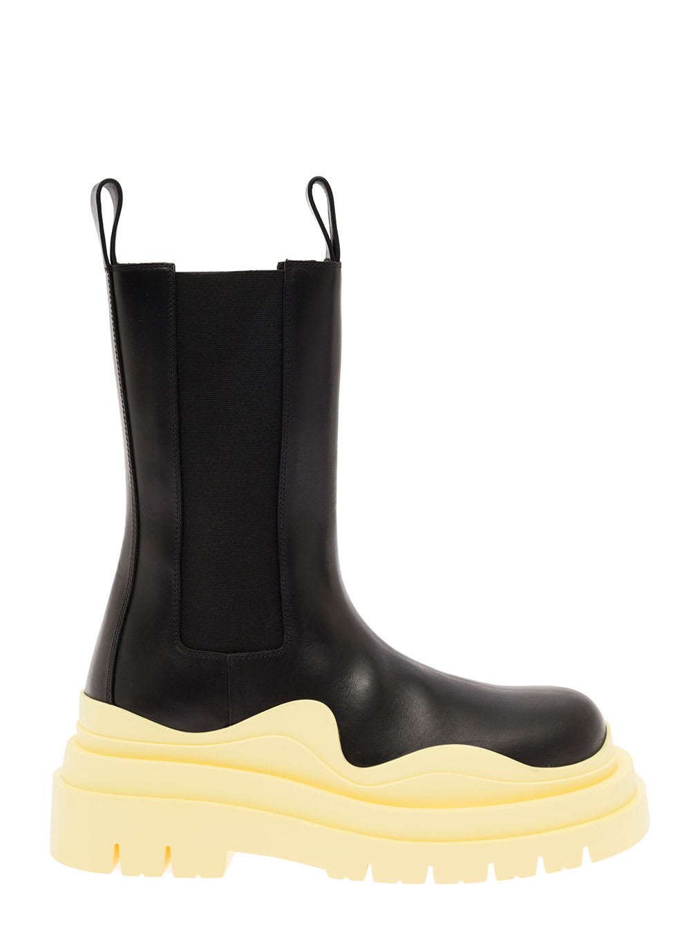 Bottega Veneta Womans Black Leather Lug Boots With Yellow Sole