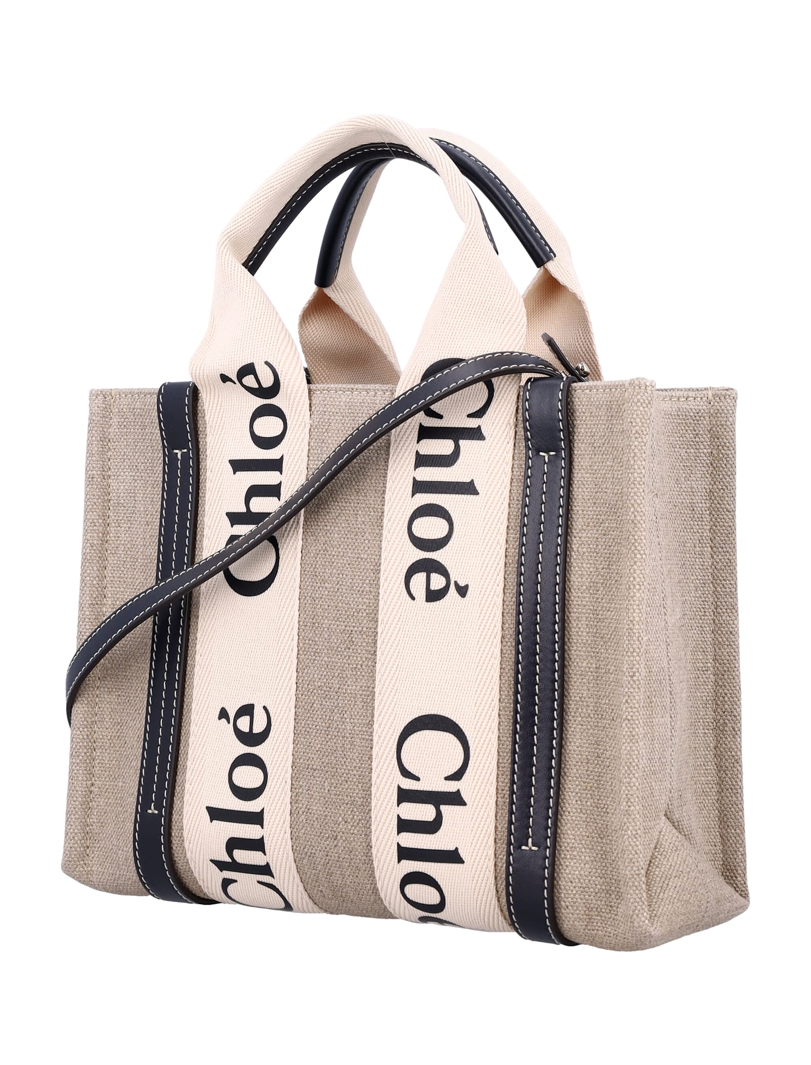 Shop Chloé Linen Woody Medium Tote Bag In White - Blue 1