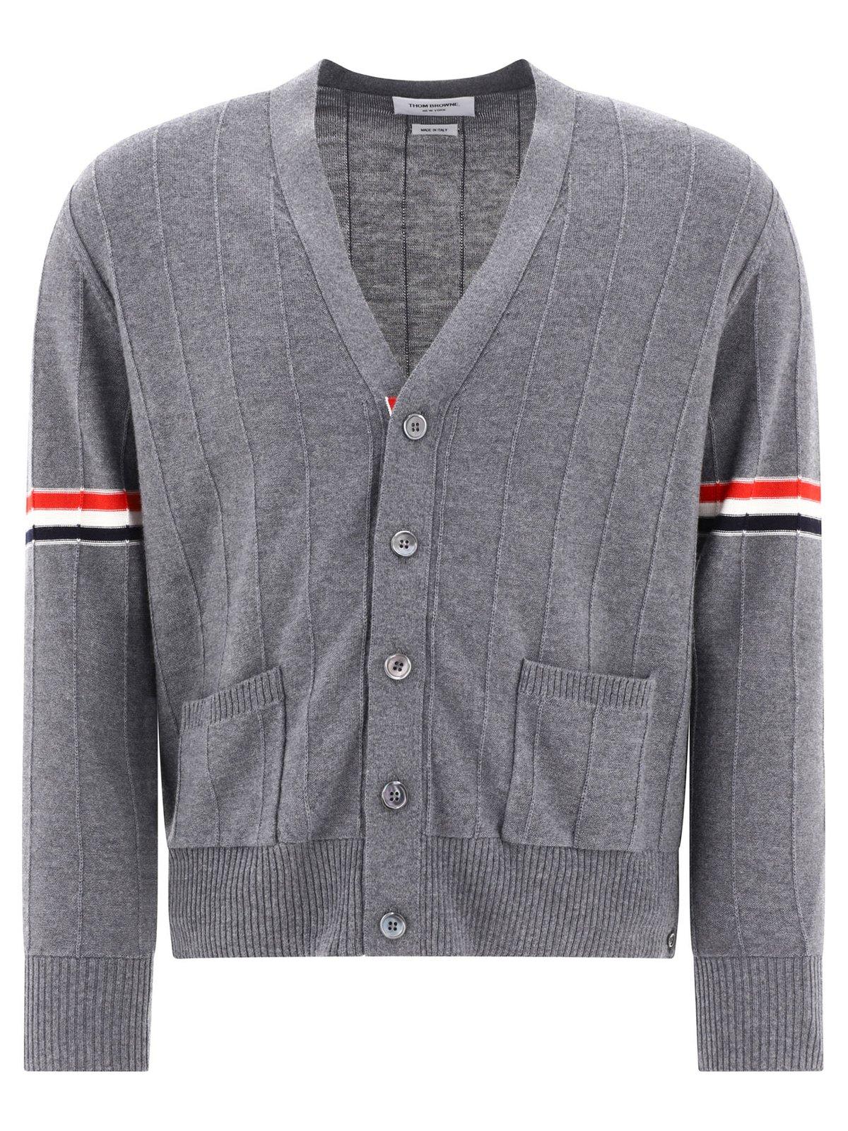 Shop Thom Browne Stripped Buttoned Cardigan In Med Grey