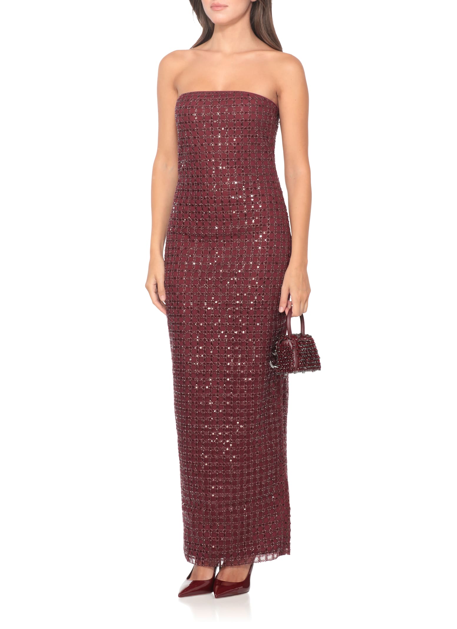 Rotate Birger Christensen Floor-length Burgundy Strapless Evening Dress With Sequined Detailing In Burgundy