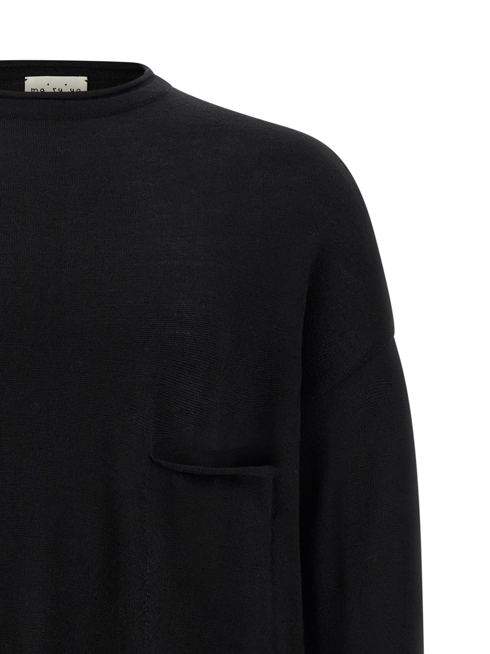 Ma'ry'ya Oversized Wool Sweater With Raw Cut Neckline And Front Pocket In Black