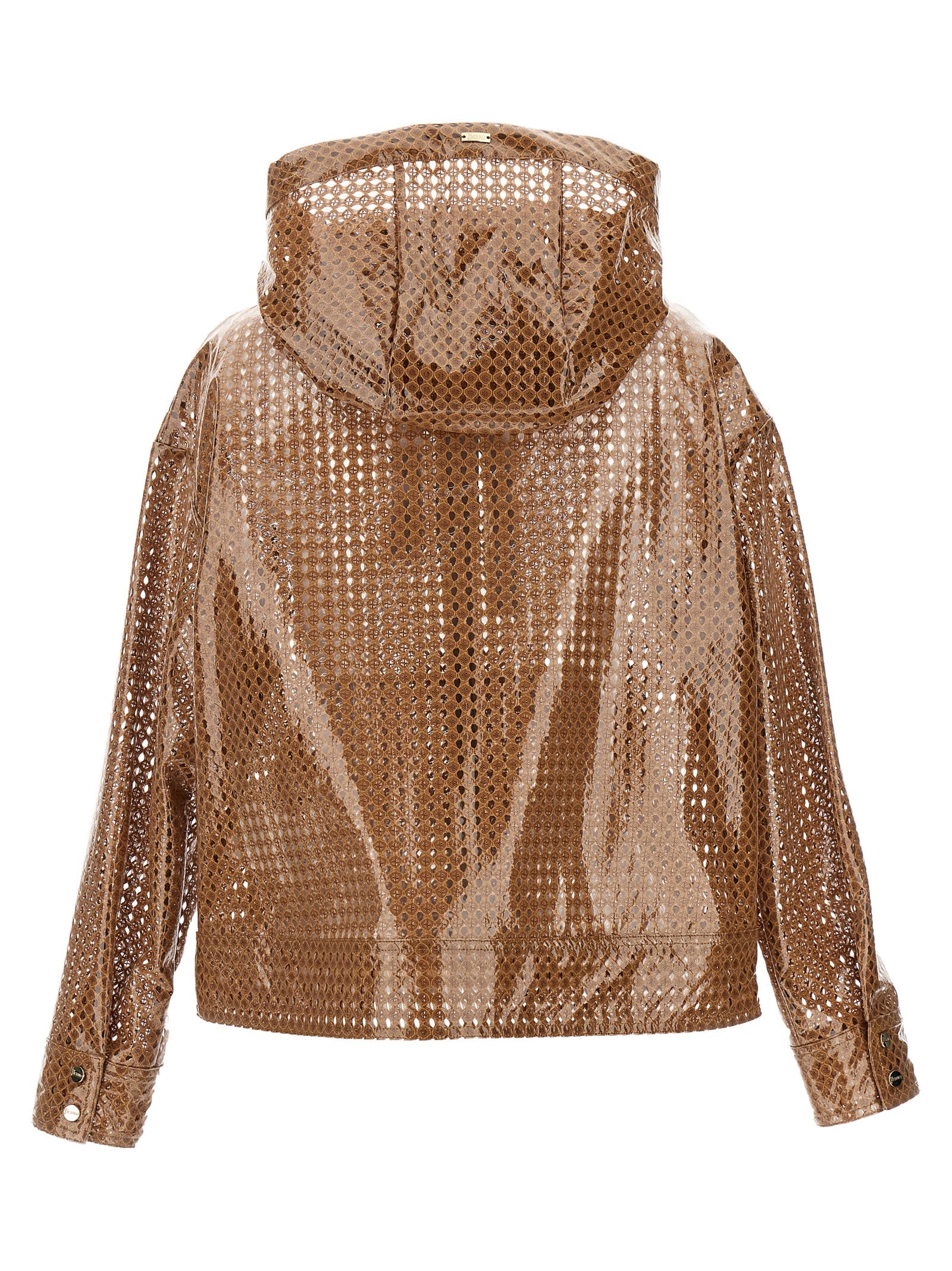 Shop Herno Plasticized Crochet Hooded Jacket In Beige