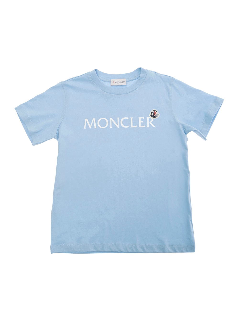 Moncler Light Blue T-shirt With Logo Lettering And Patch On The Front In Cotton Boy In Blue