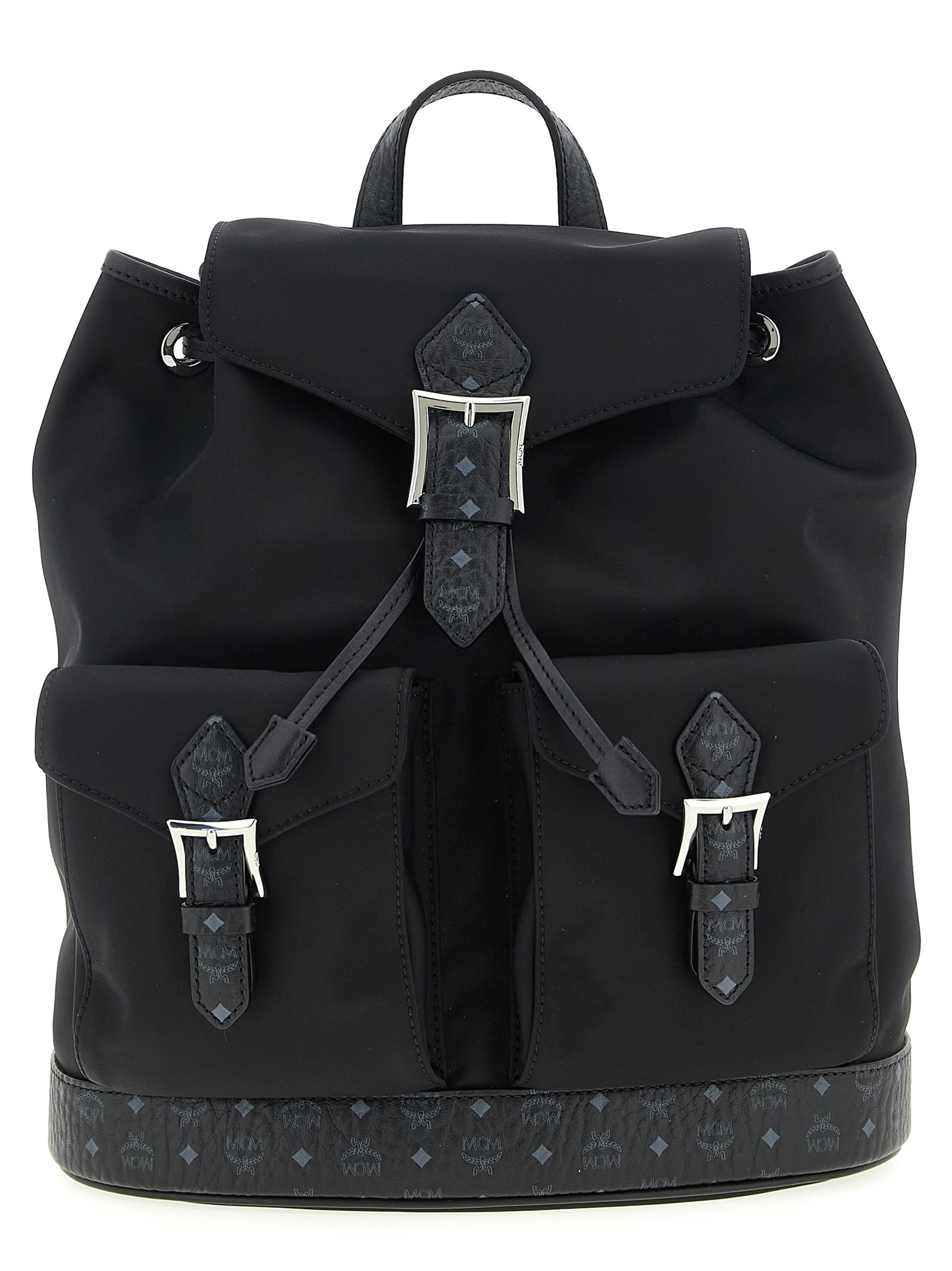 Mcm Aren Leather-trim Nylon Drawstring Backpack In Black