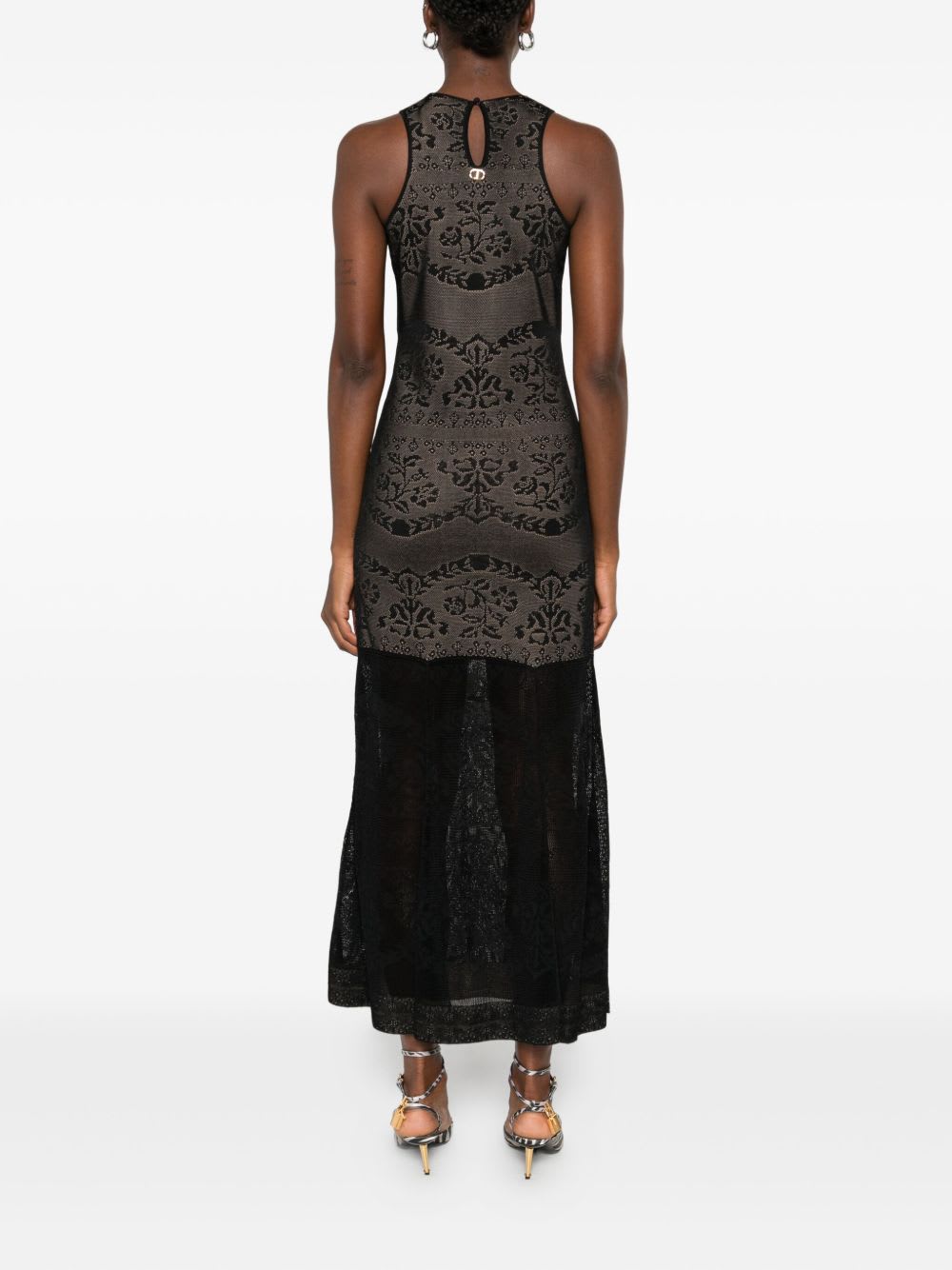 Twinset Twin-set Fitted Bodice Maxi Dress With Floral Lace Overlay In Black