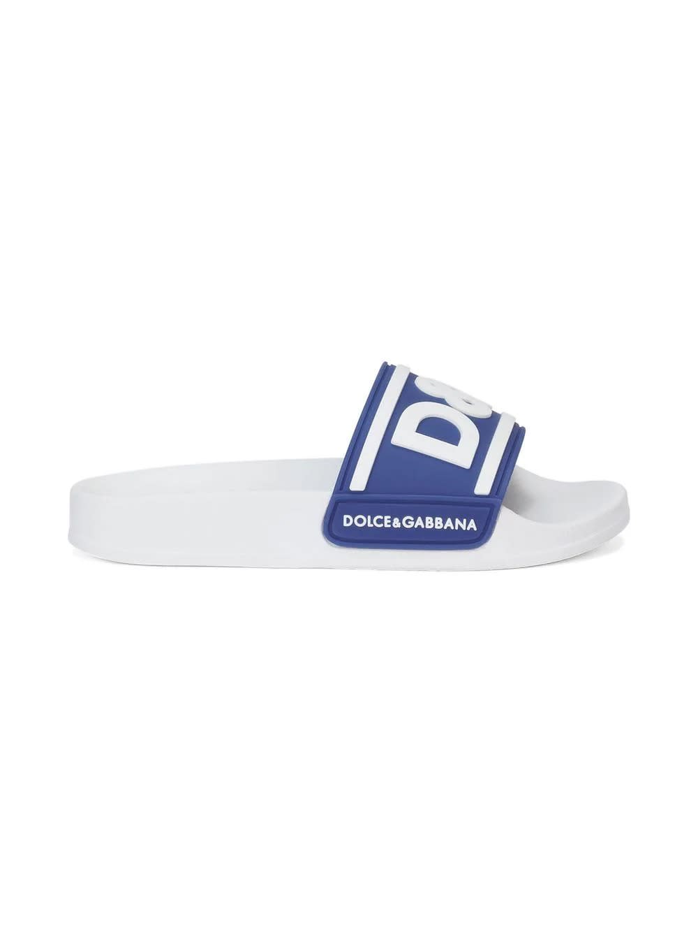 Shop Dolce & Gabbana White And Blue Rubber Slide With Logo Print