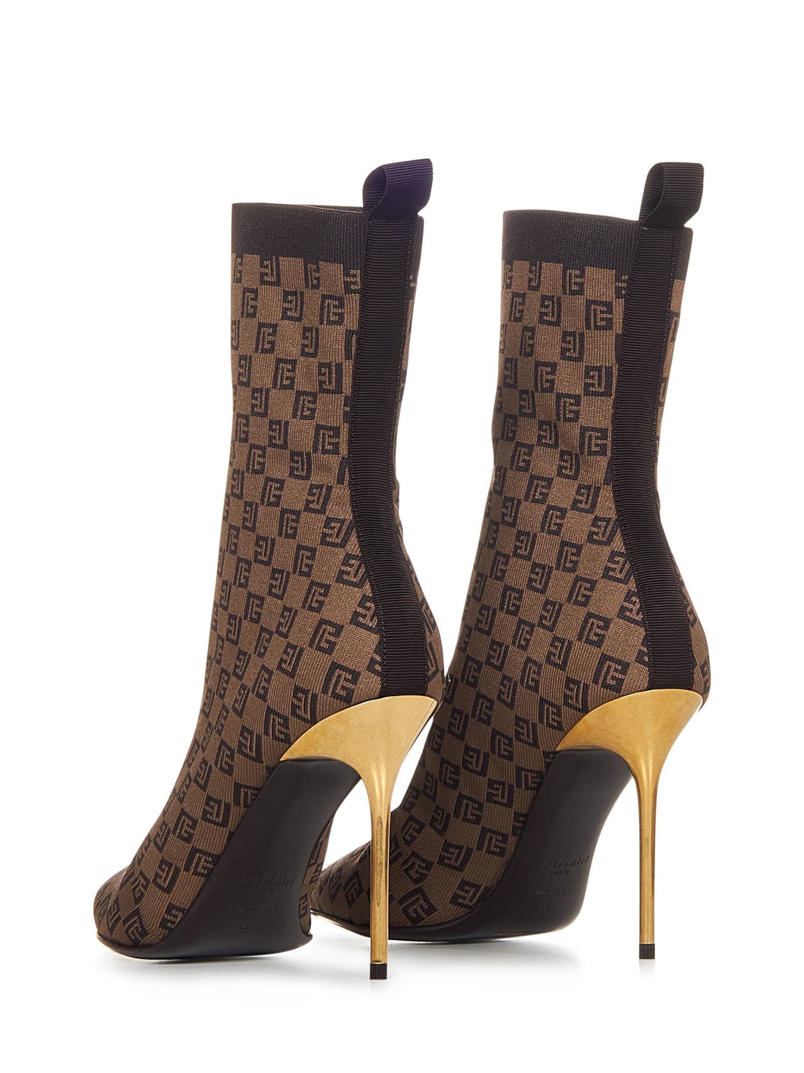 Balmain Skye Monogram Knit Stiletto Booties In Brown