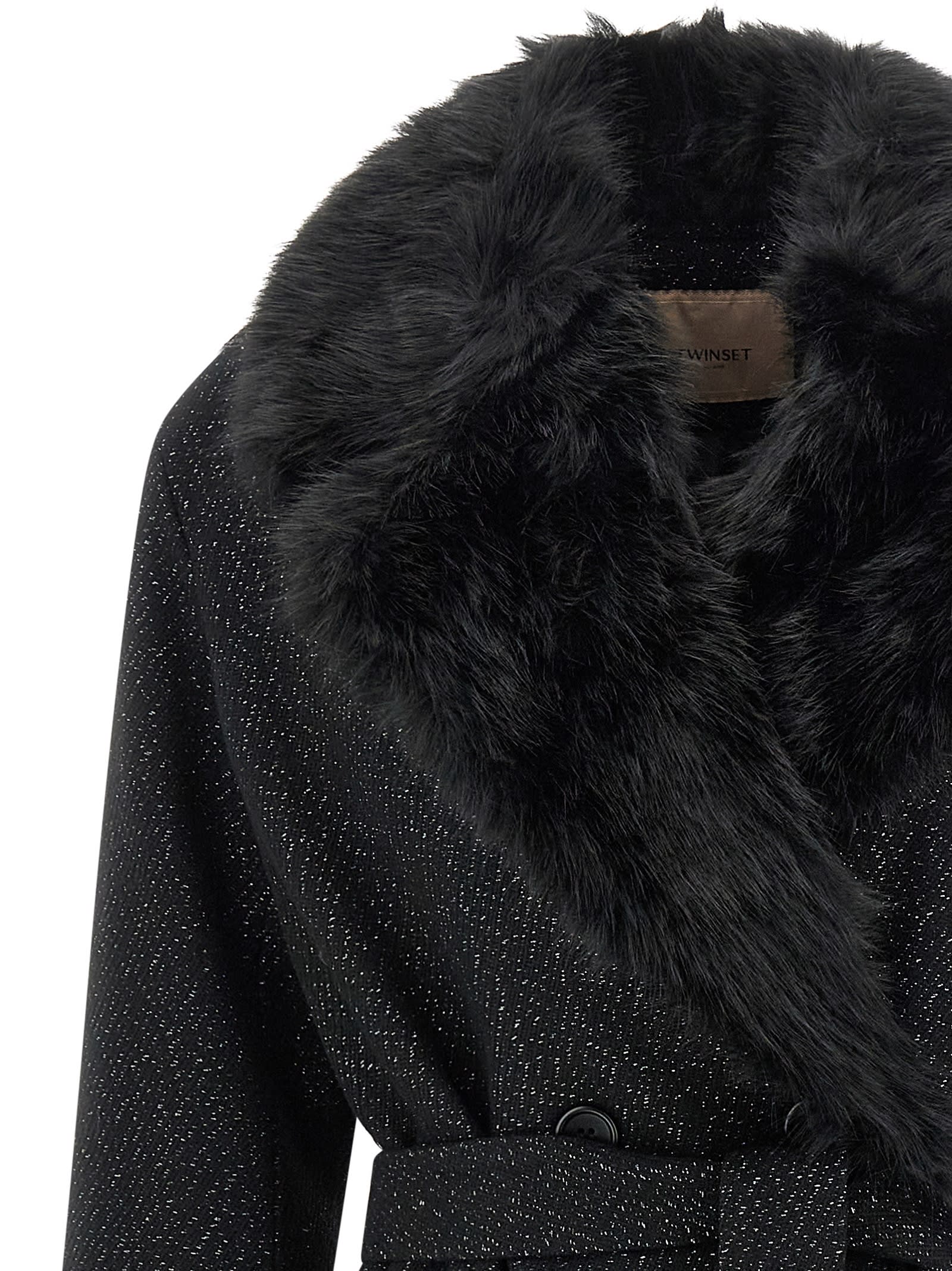 Twinset Lamé Thread Coat In Black