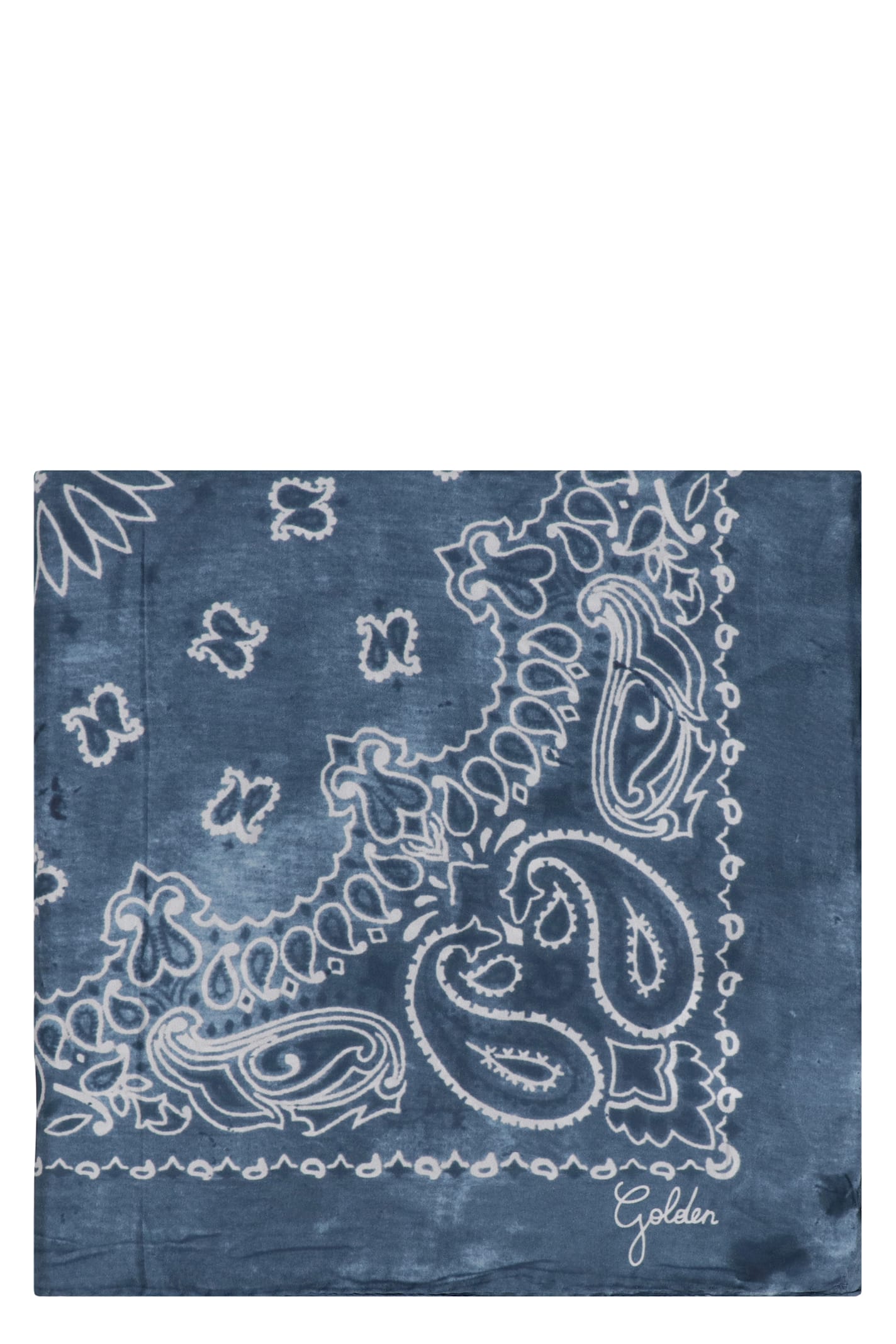 Golden Goose Blue Scarf With Bandana Print And Logo Lettering In Silk Woman