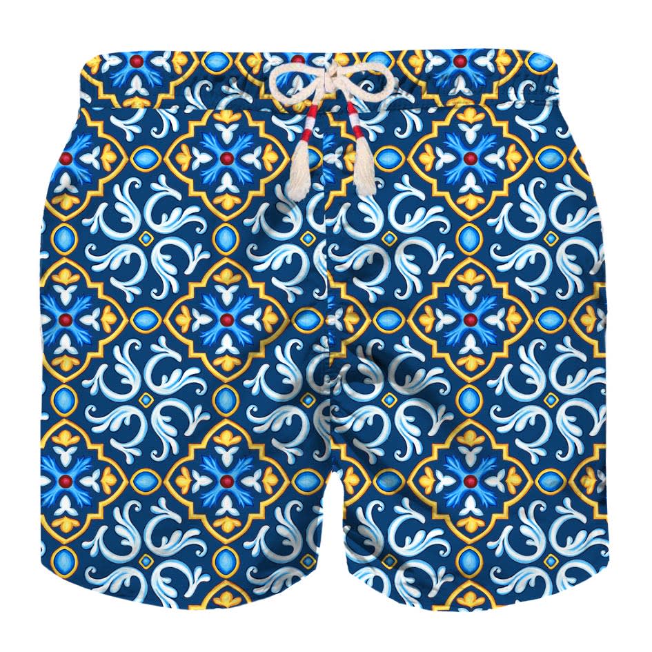 Mc2 Saint Barth Kids' Boy Swim Shorts With Majolica Print In Blue