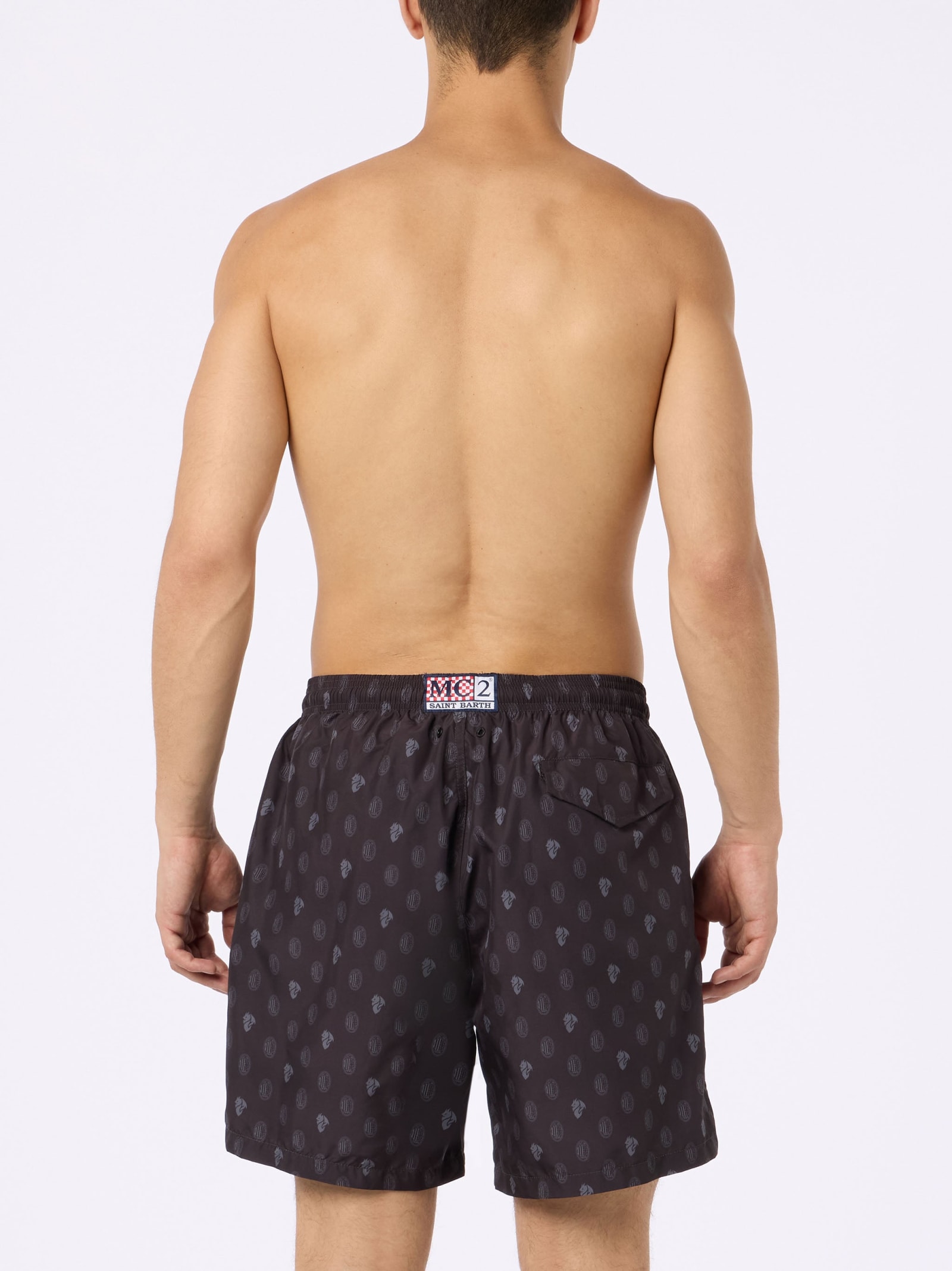 MC2 SAINT BARTH MAN LIGHTWEIGHT FABRIC SWIM SHORTS WITH MILAN LOGO PRINT AND PATCH AC MILAN SPECIAL EDITION