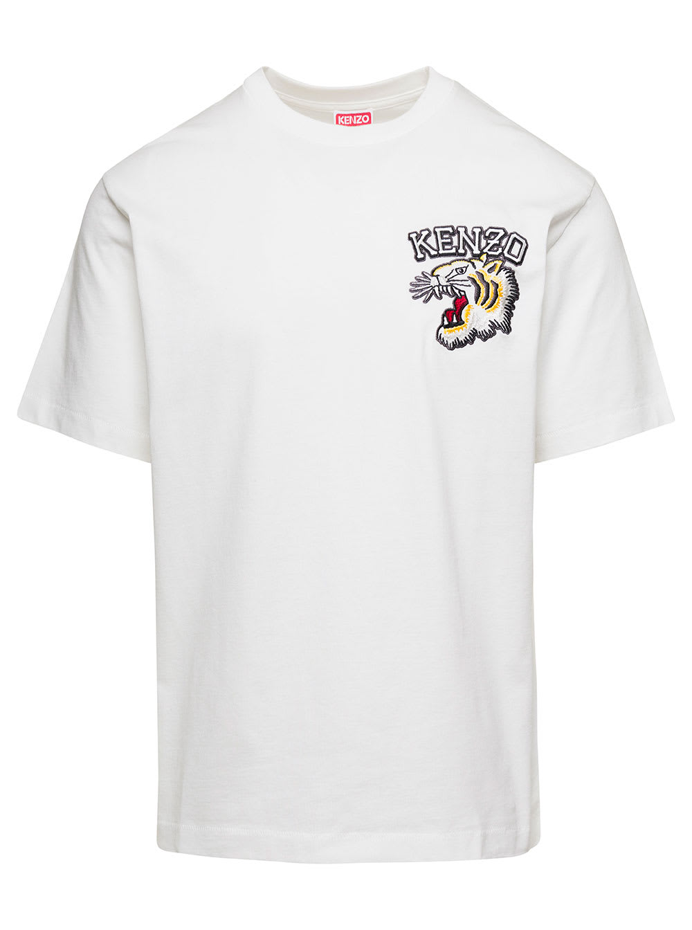 KENZO WHITE CREWNECK T-SHIRT WITH TIGER EMBROIDERY IN COTTON MAN